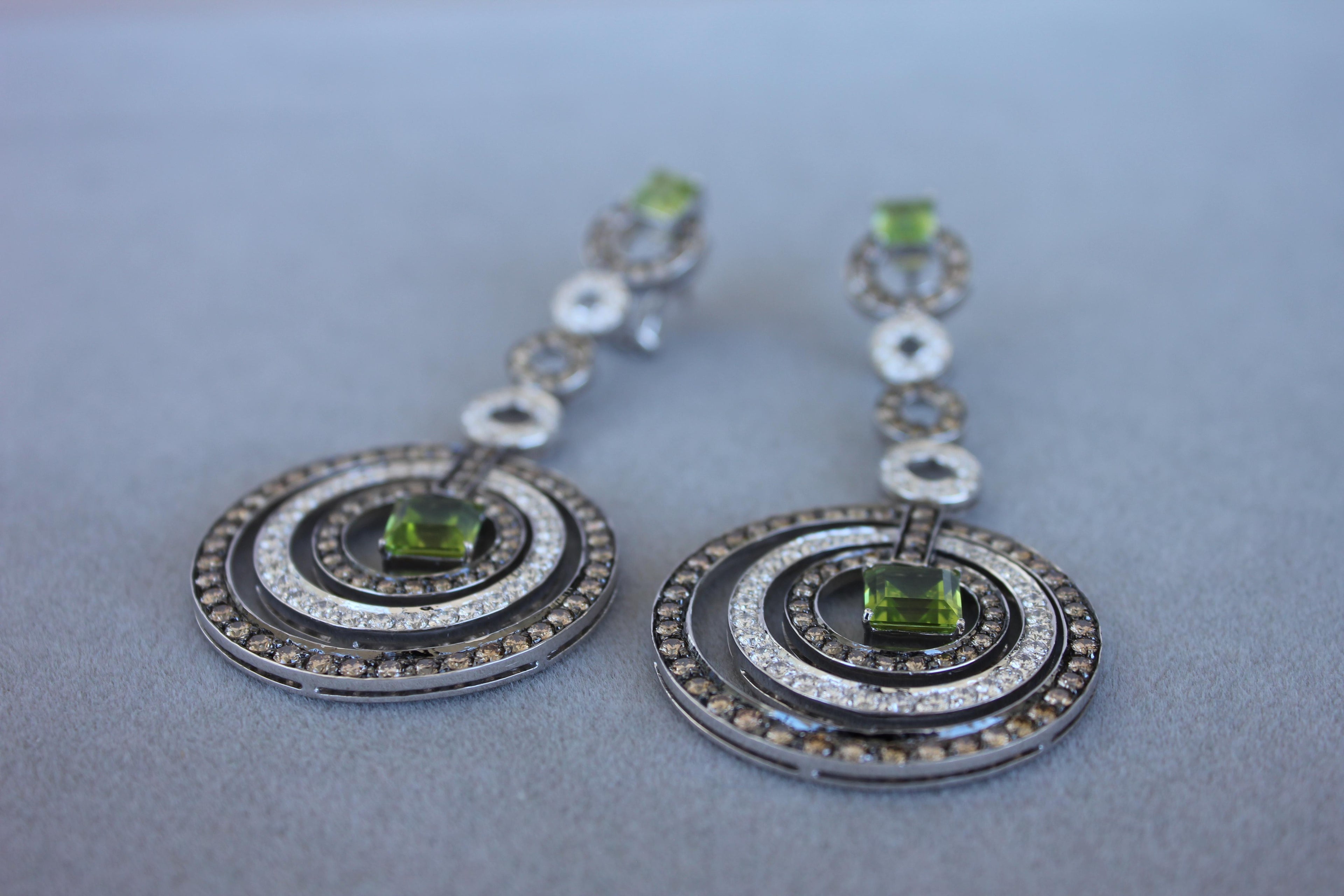 Green Peridot Faceted Square White &amp; Brown Diamond 18K White Black Gold Earrings