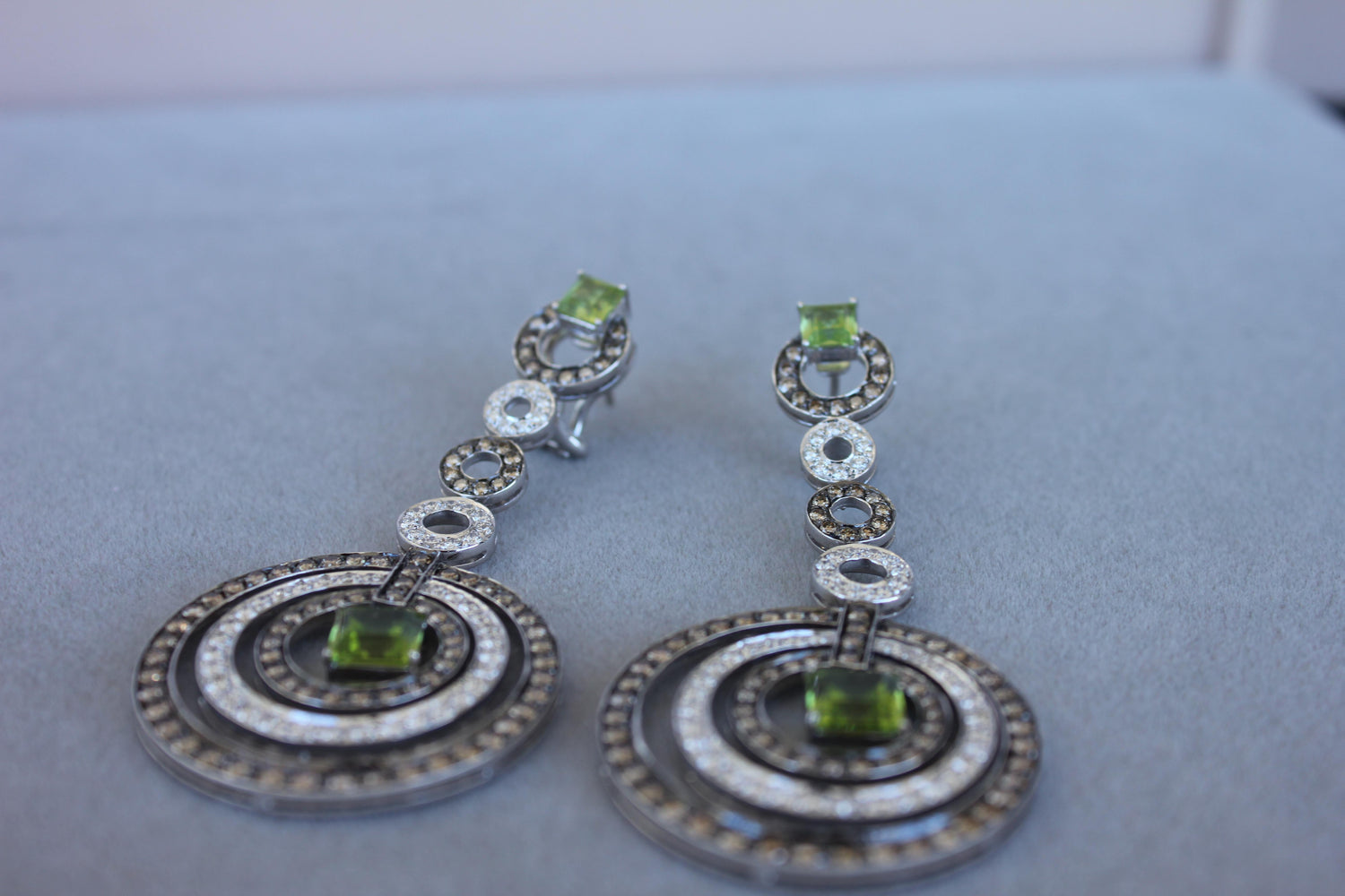 Green Peridot Faceted Square White &amp; Brown Diamond 18K White Black Gold Earrings