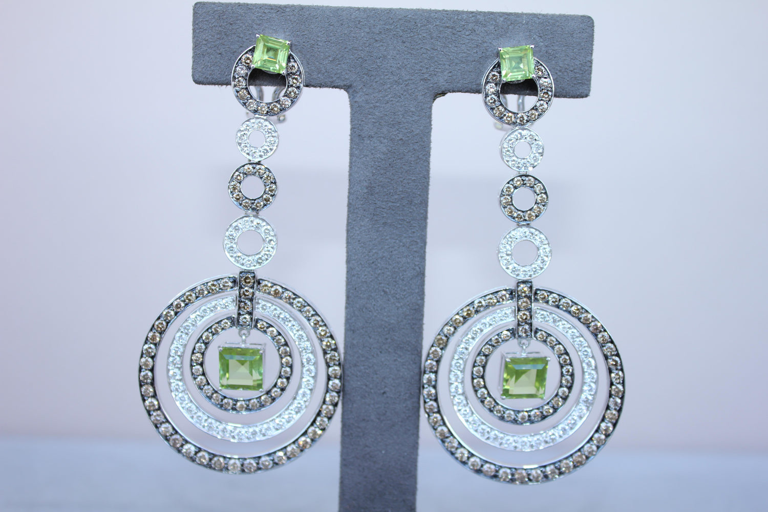 Green Peridot Faceted Square White &amp; Brown Diamond 18K White Black Gold Earrings