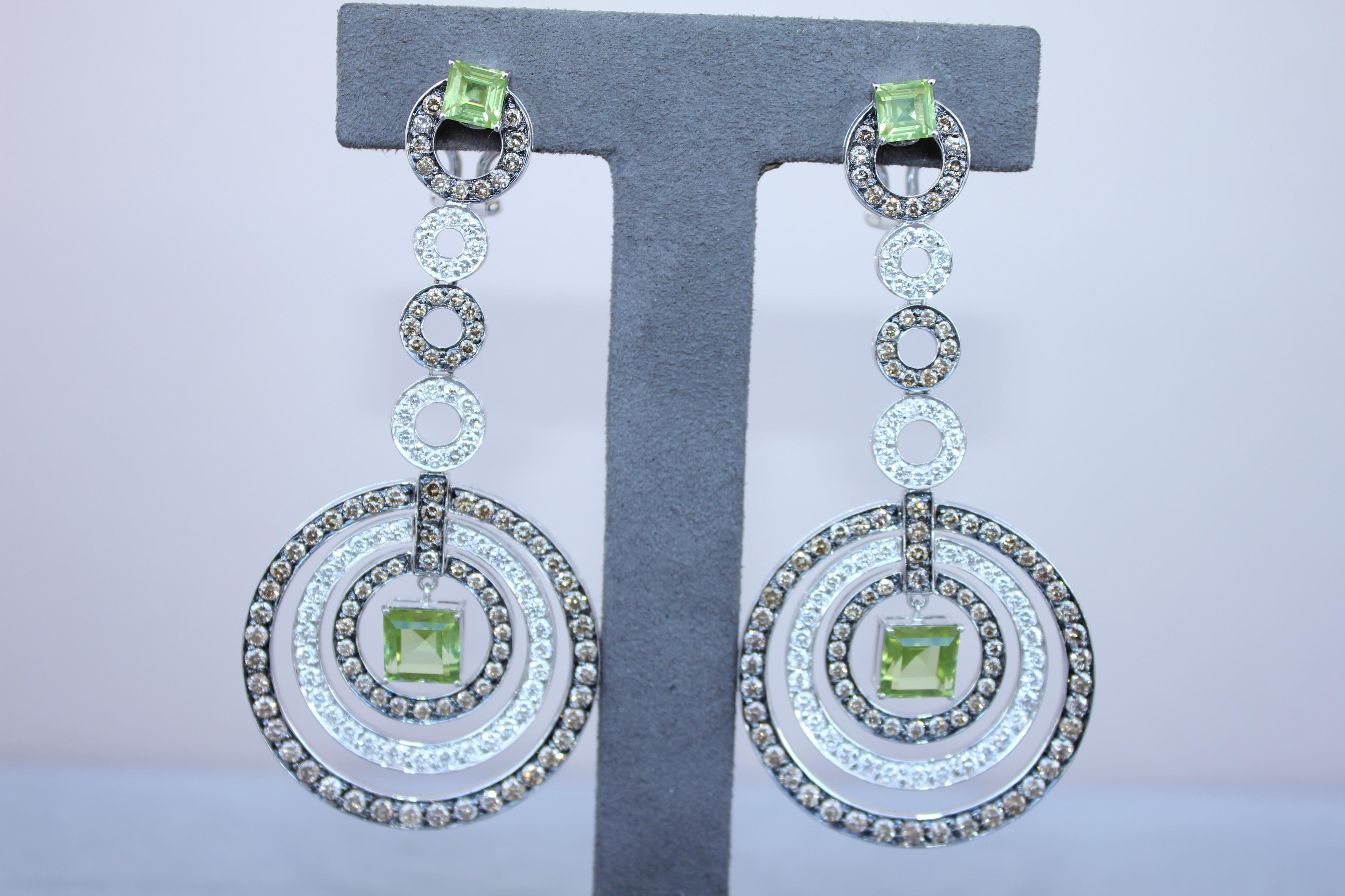 Green Peridot Faceted Square White &amp; Brown Diamond 18K White Black Gold Earrings