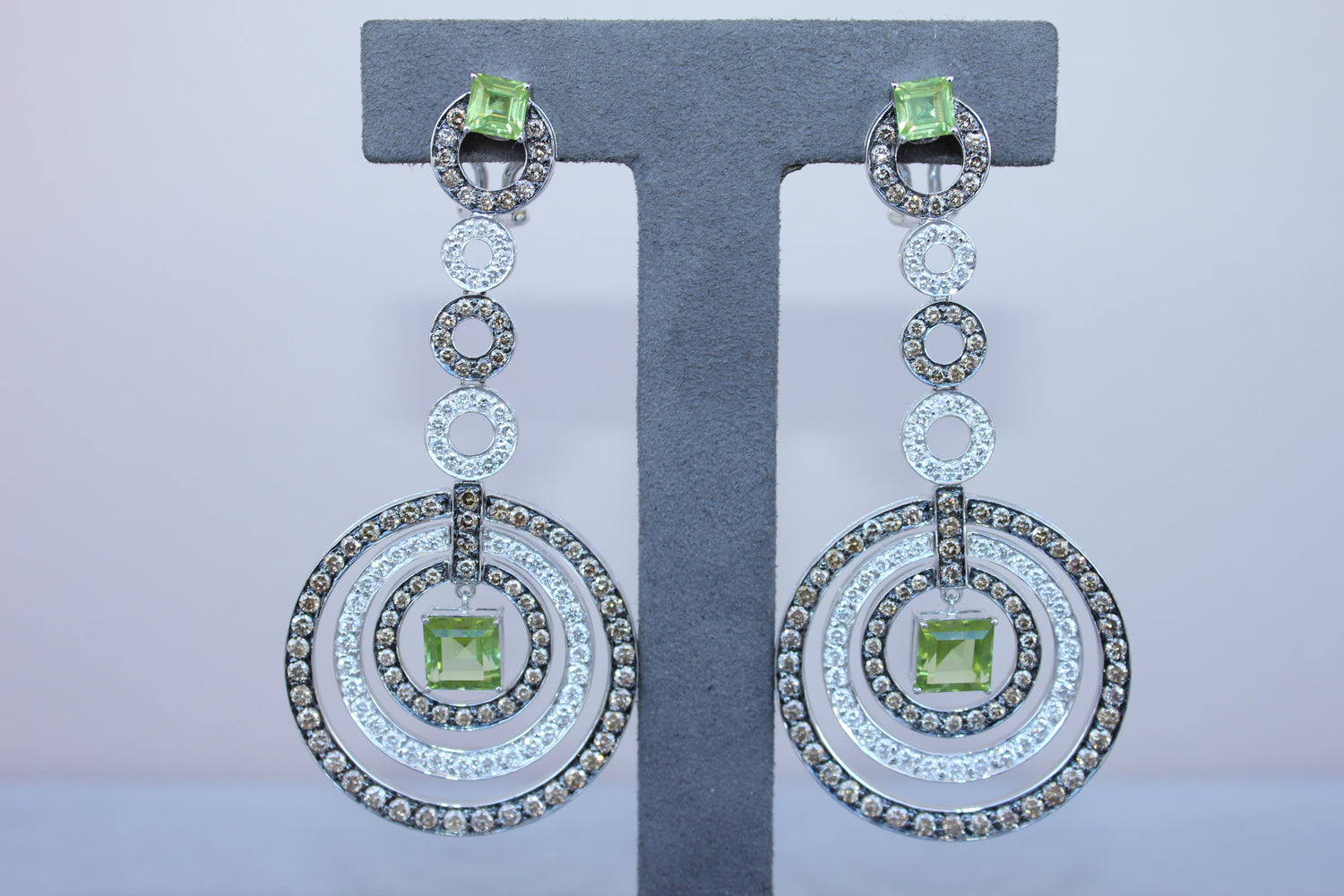 Green Peridot Faceted Square White &amp; Brown Diamond 18K White Black Gold Earrings