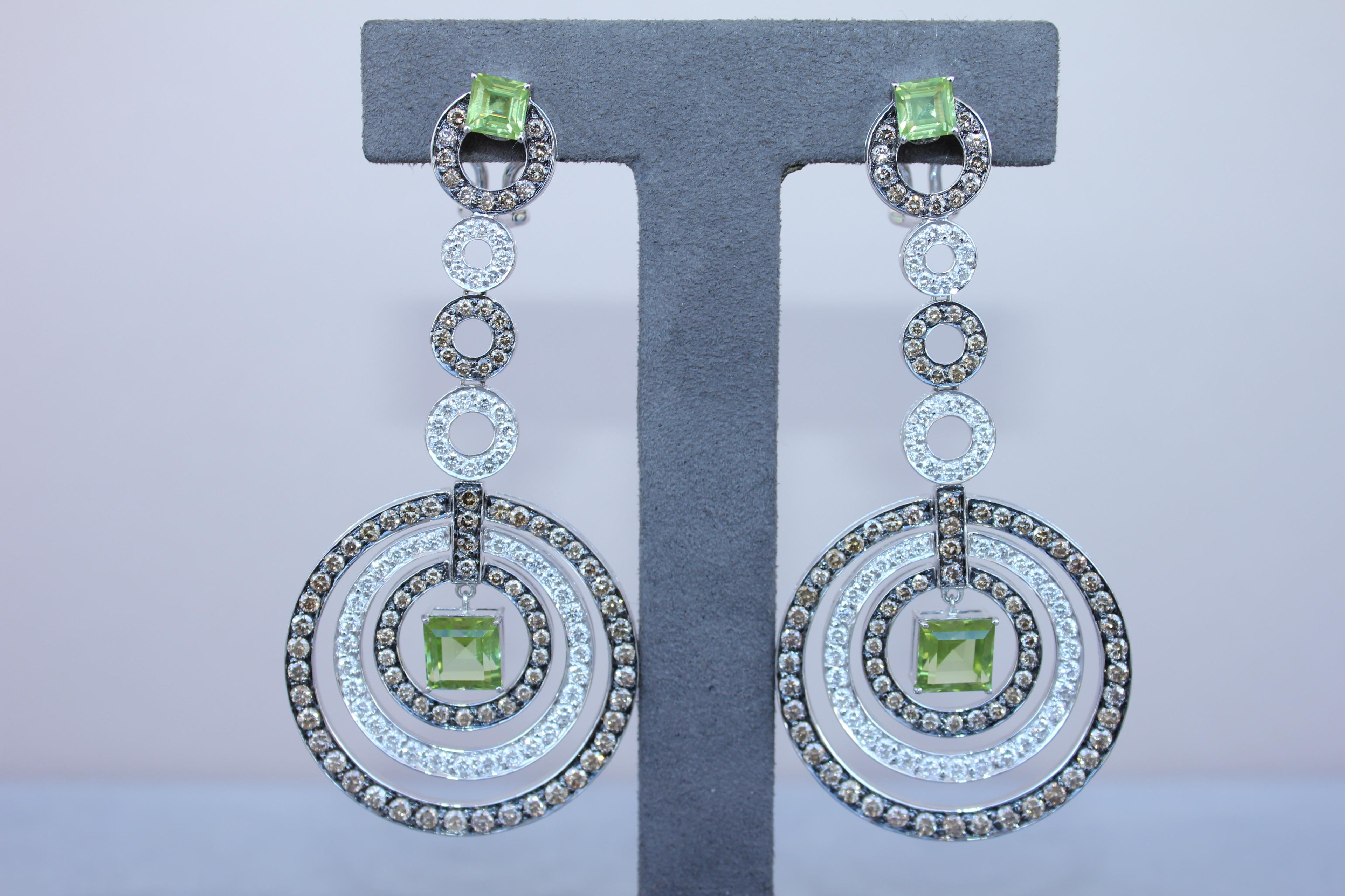 Green Peridot Faceted Square White &amp; Brown Diamond 18K White Black Gold Earrings