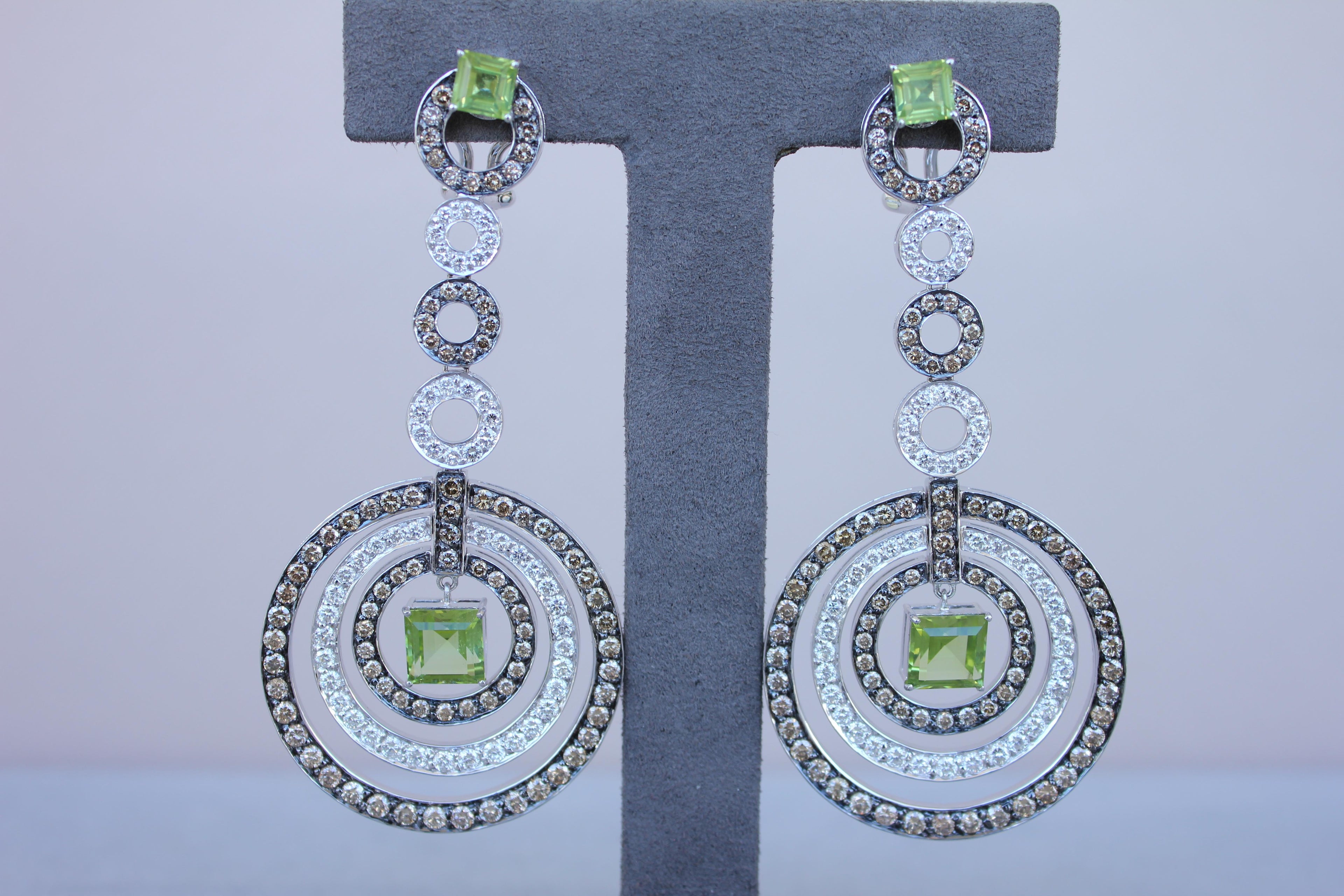 Green Peridot Faceted Square White &amp; Brown Diamond 18K White Black Gold Earrings