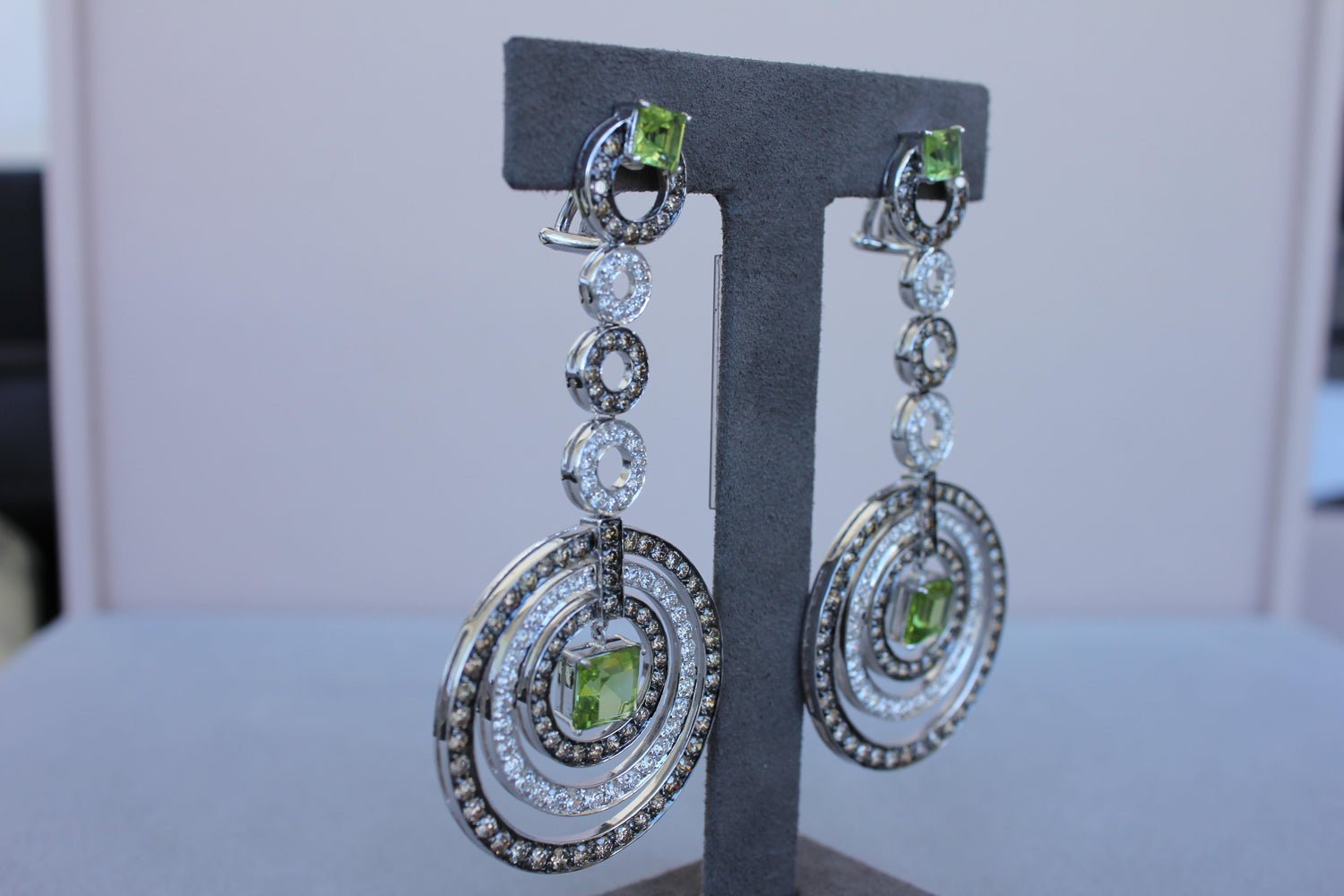 Green Peridot Faceted Square White &amp; Brown Diamond 18K White Black Gold Earrings