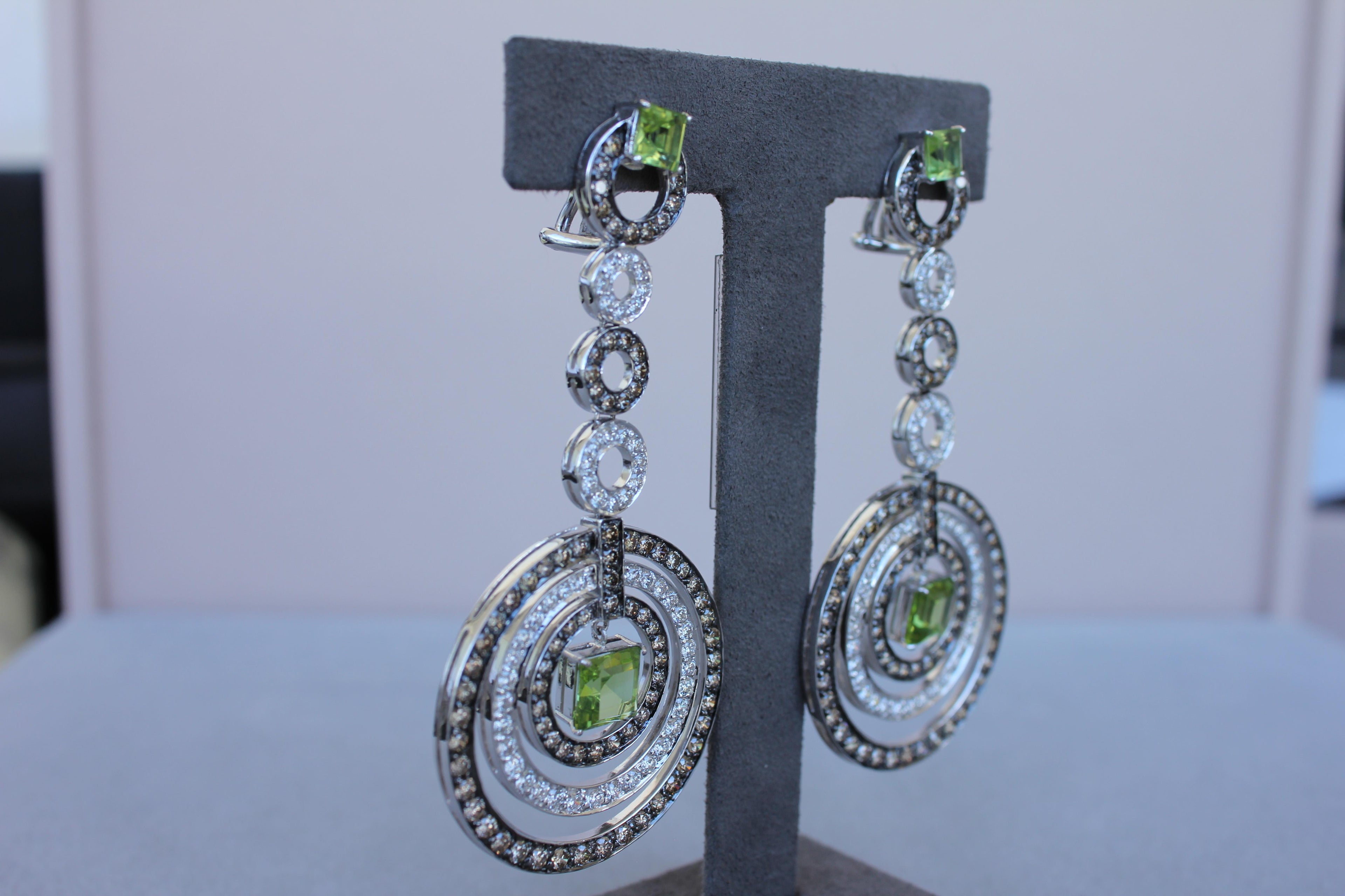 Green Peridot Faceted Square White &amp; Brown Diamond 18K White Black Gold Earrings