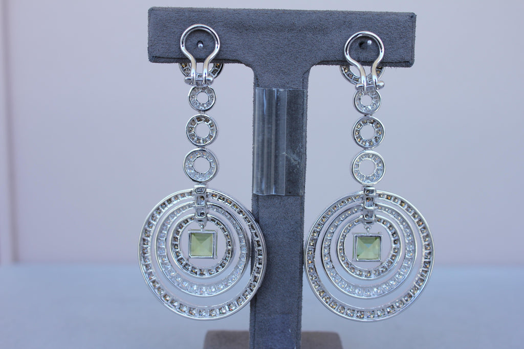 Green Peridot Faceted Square White & Brown Diamond 18K White Black Gold Earrings