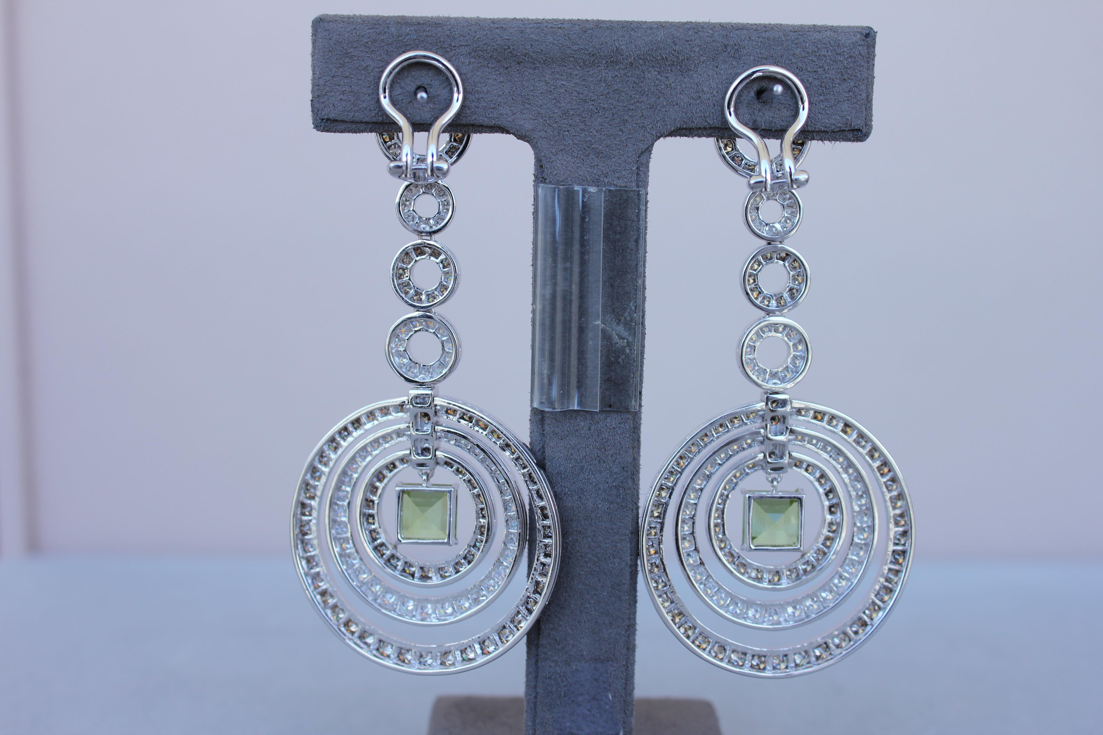 Green Peridot Faceted Square White &amp; Brown Diamond 18K White Black Gold Earrings