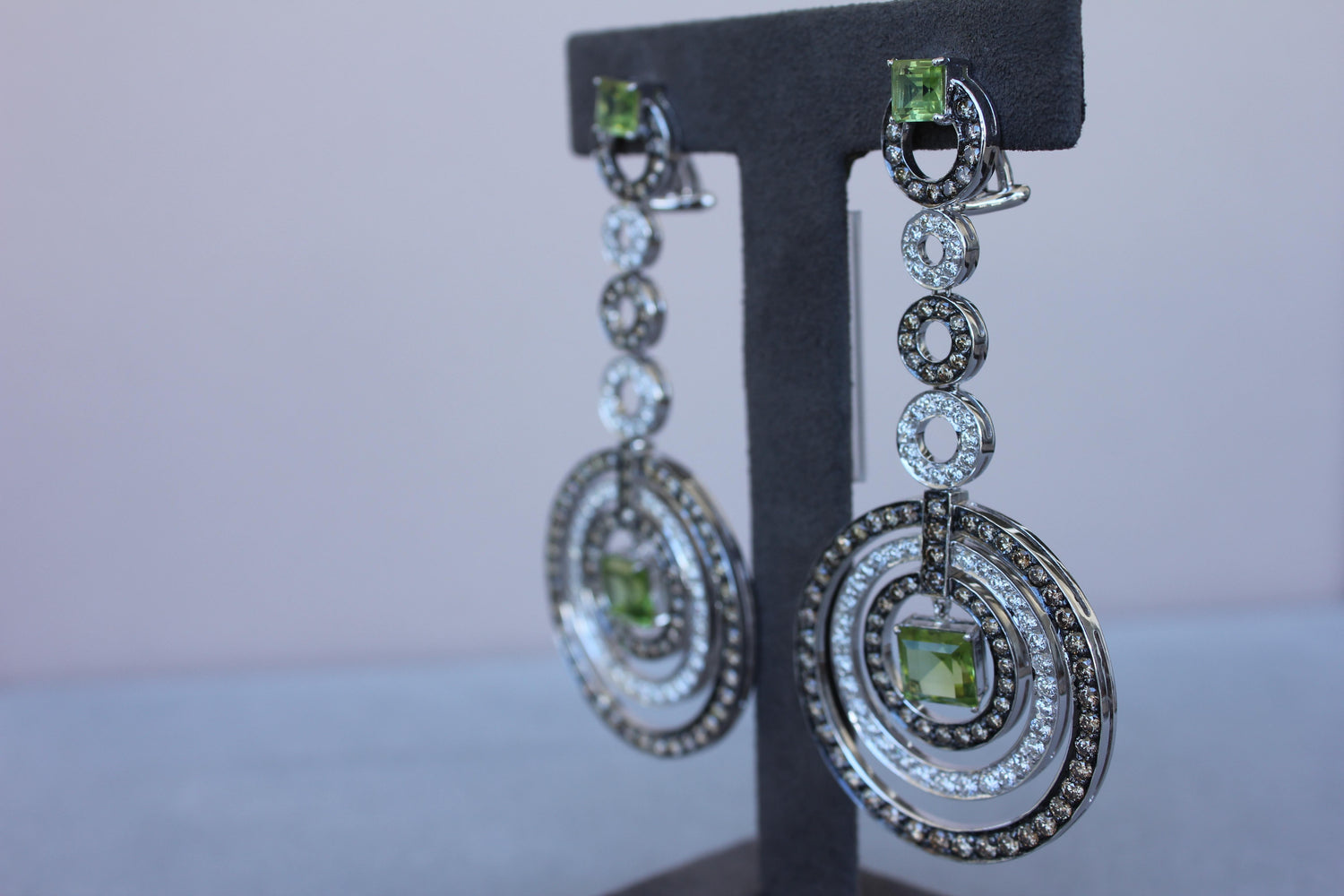 Green Peridot Faceted Square White &amp; Brown Diamond 18K White Black Gold Earrings