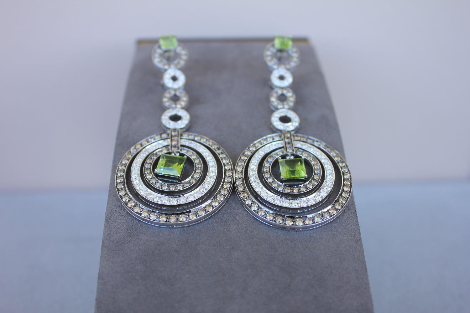 Green Peridot Faceted Square White &amp; Brown Diamond 18K White Black Gold Earrings