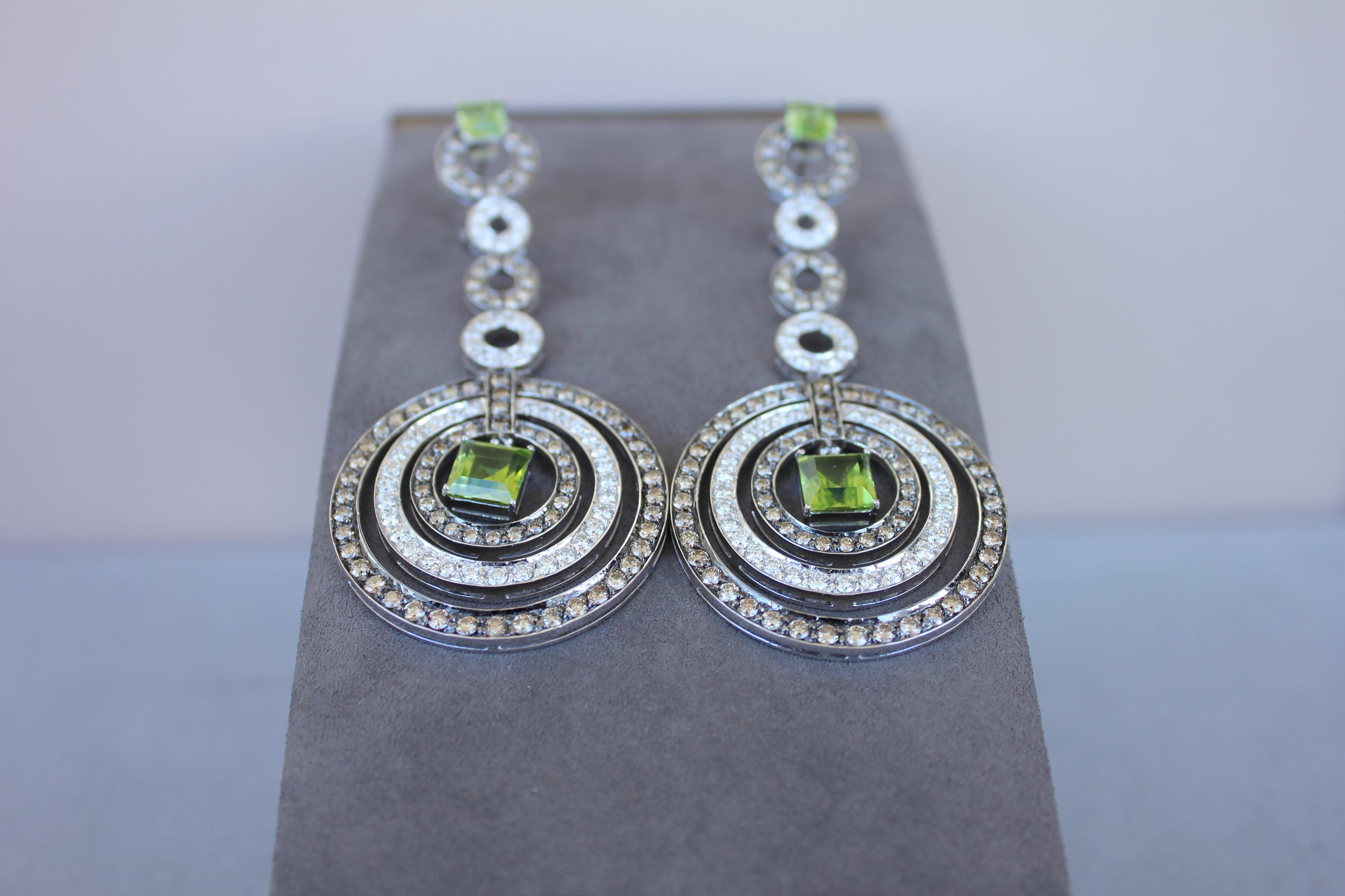 Green Peridot Faceted Square White &amp; Brown Diamond 18K White Black Gold Earrings