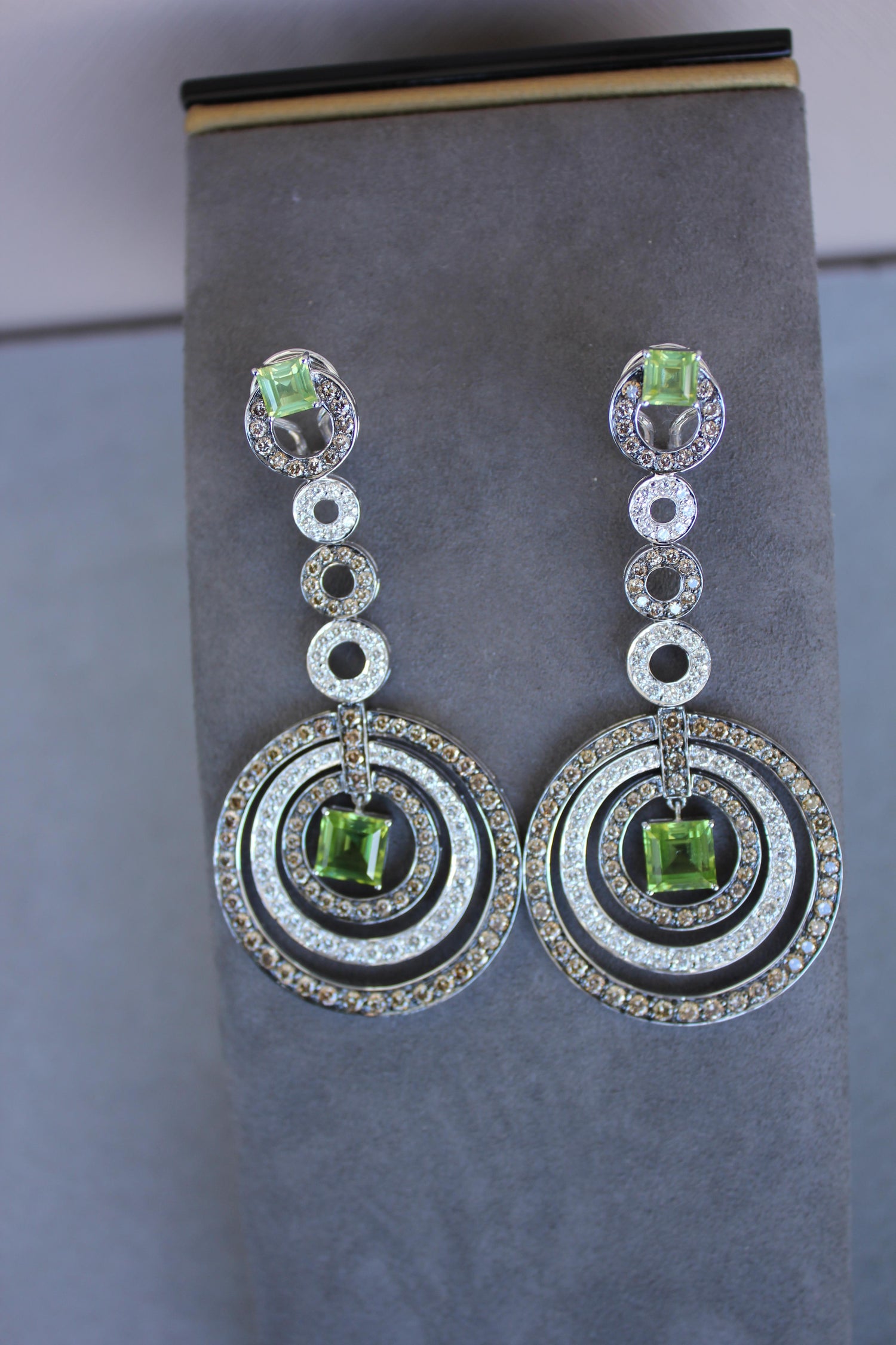Green Peridot Faceted Square White &amp; Brown Diamond 18K White Black Gold Earrings