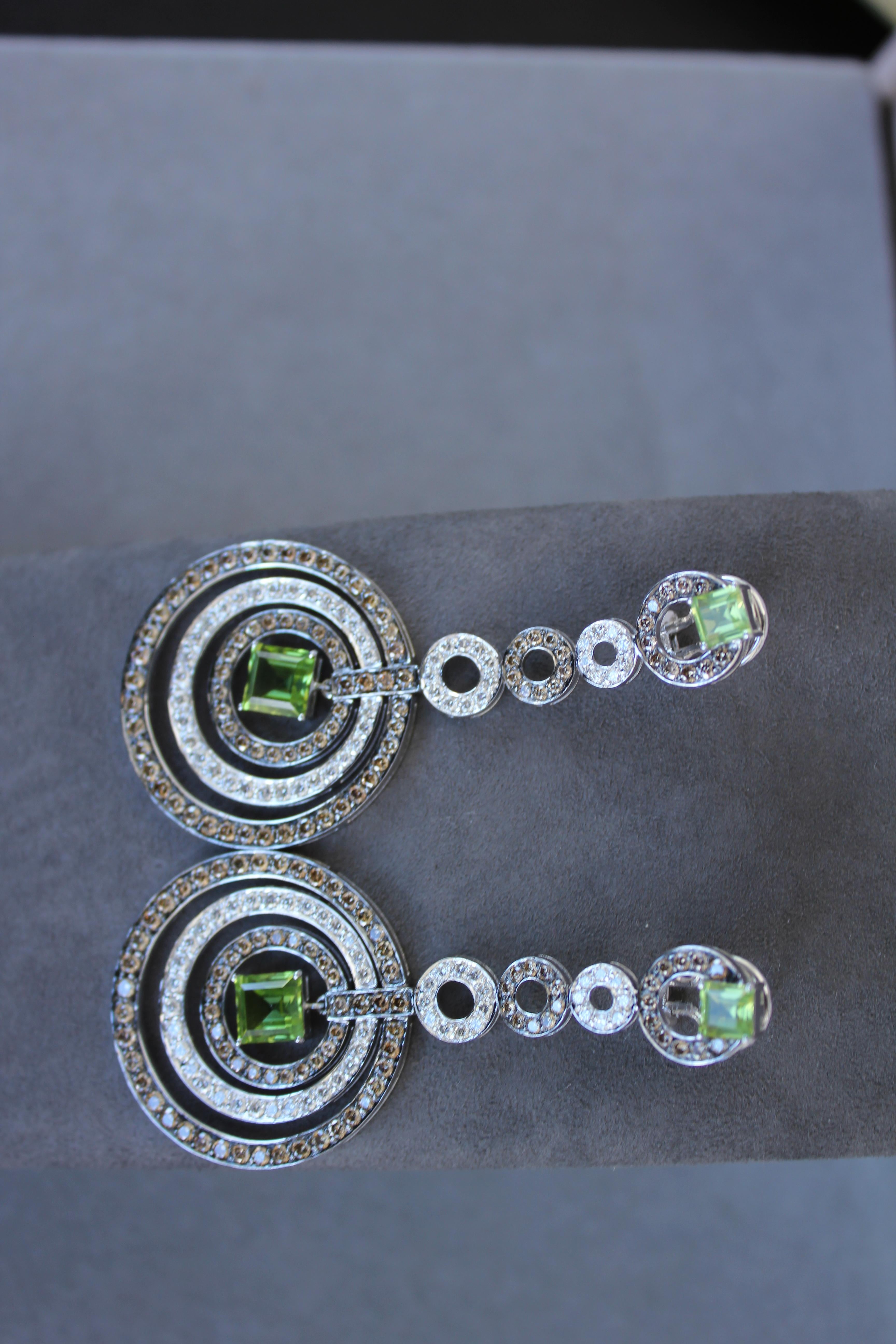 Green Peridot Faceted Square White &amp; Brown Diamond 18K White Black Gold Earrings