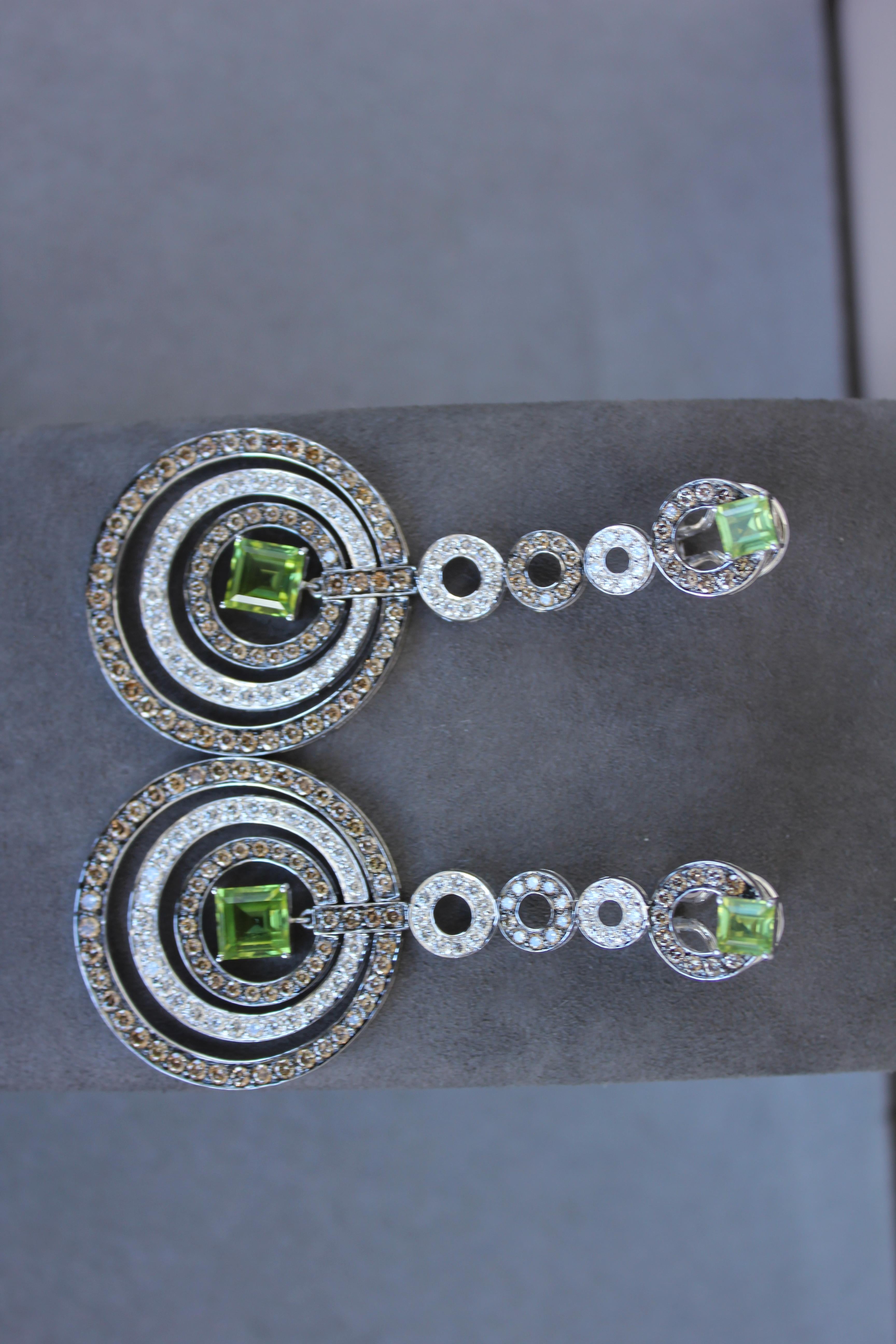 Green Peridot Faceted Square White &amp; Brown Diamond 18K White Black Gold Earrings