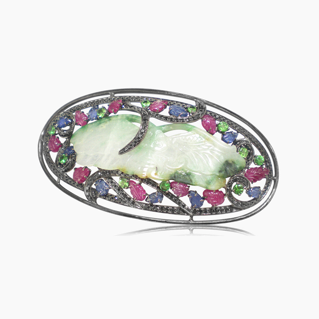 Jade, Black Diamond & Multi-Gemstone 18K White Gold Hair Clip