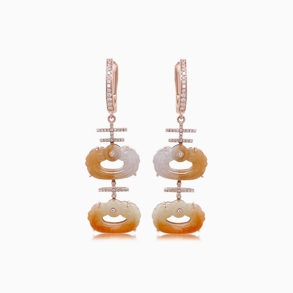 Jade Mixed Color & White Diamond 18K Rose Gold Drop Style Earrings