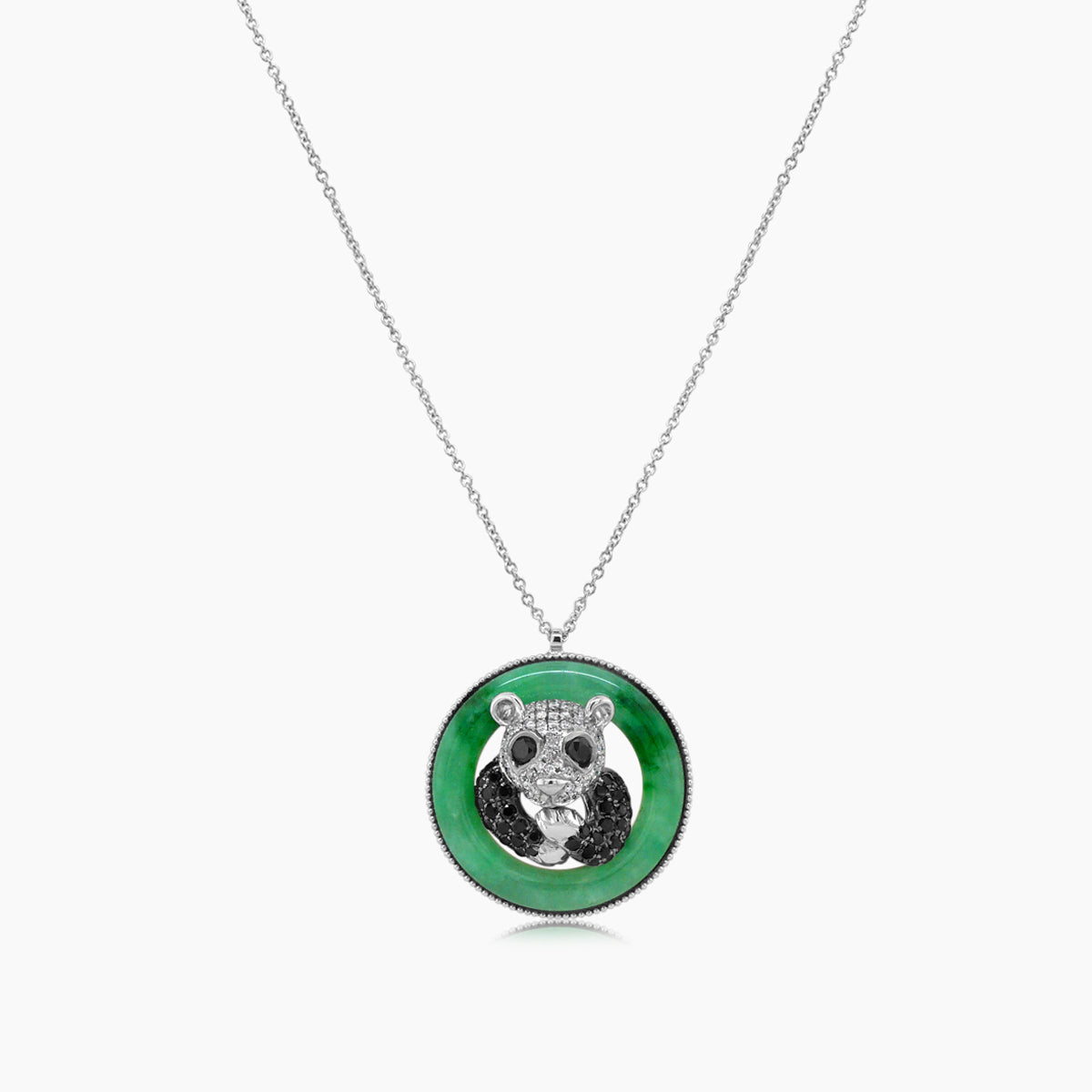 panda bear jade black & white diamond 18k white gold pendant necklace