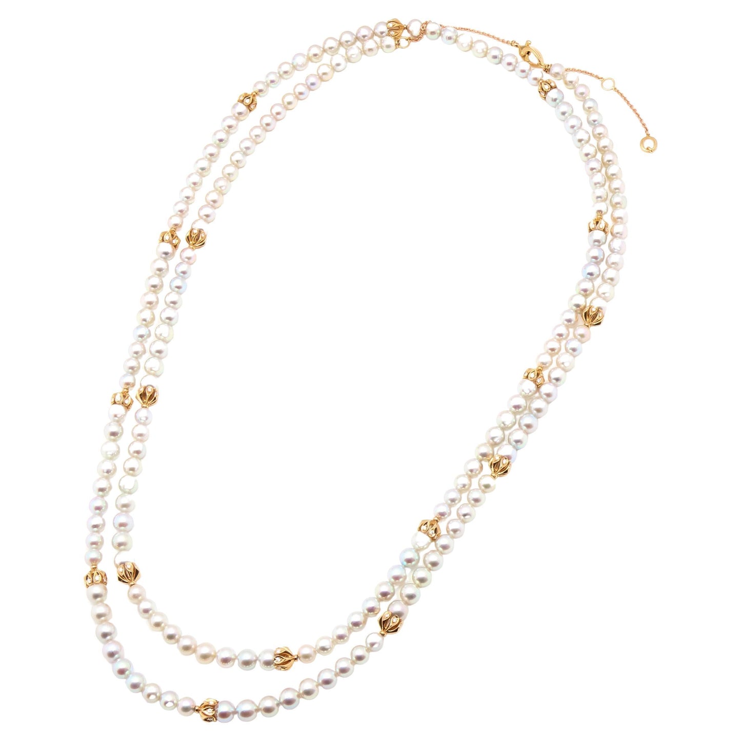 japanese akoya white baby pearl 18 karat rose gold diamond long bead necklace