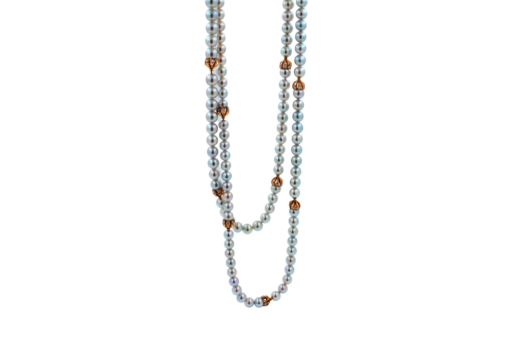 Japanese Akoya White Baby Pearl 18 Karat Rose Gold Diamond Long Bead Necklace