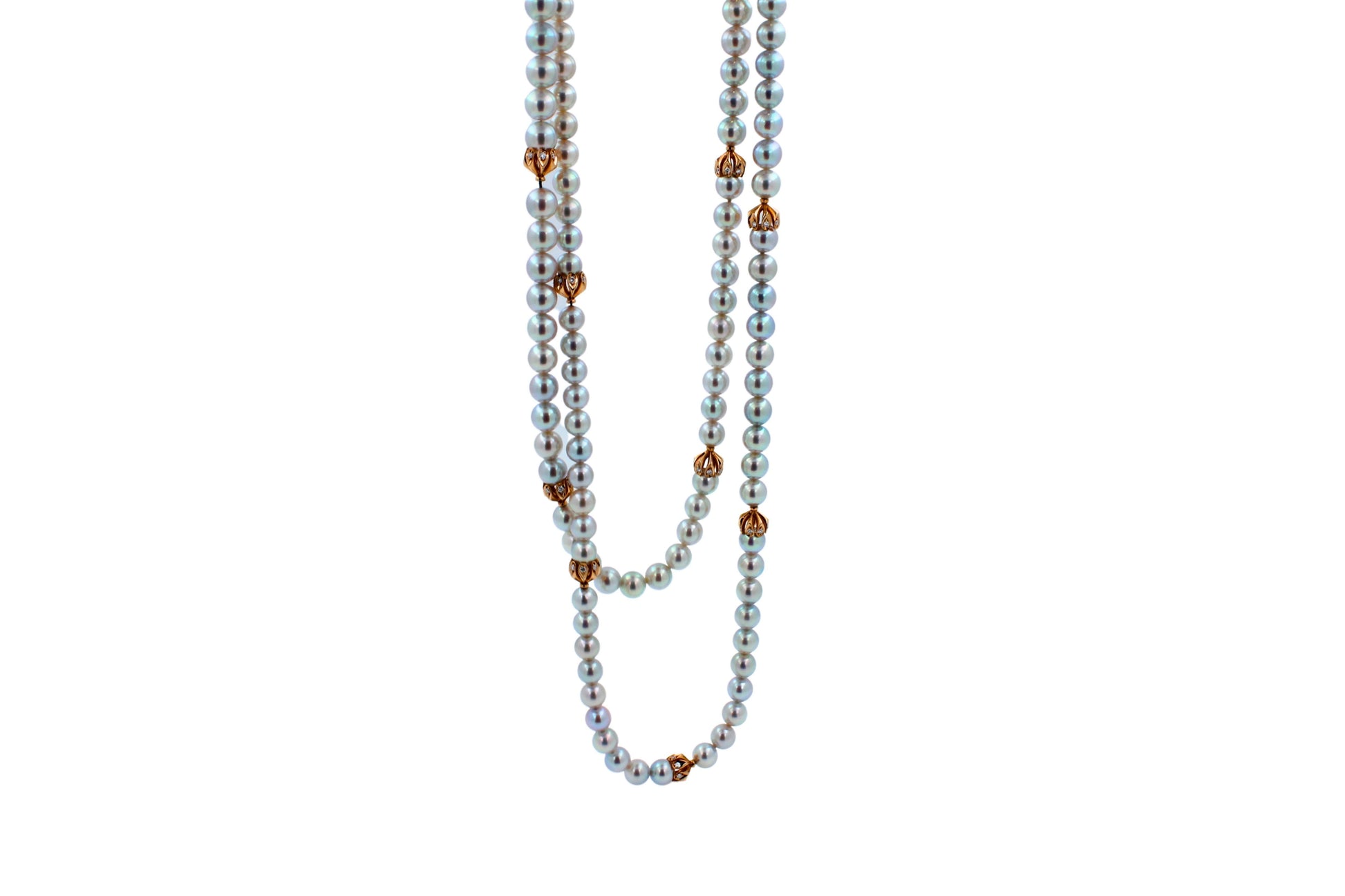 Japanese Akoya White Baby Pearl 18 Karat Rose Gold Diamond Long Bead Necklace