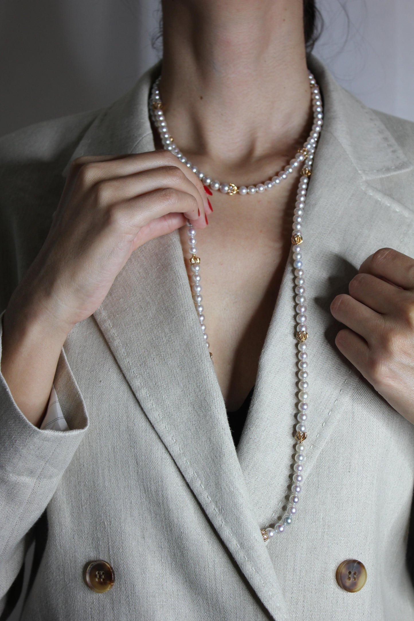 japanese akoya white baby pearl 18 karat rose gold diamond long bead necklace
