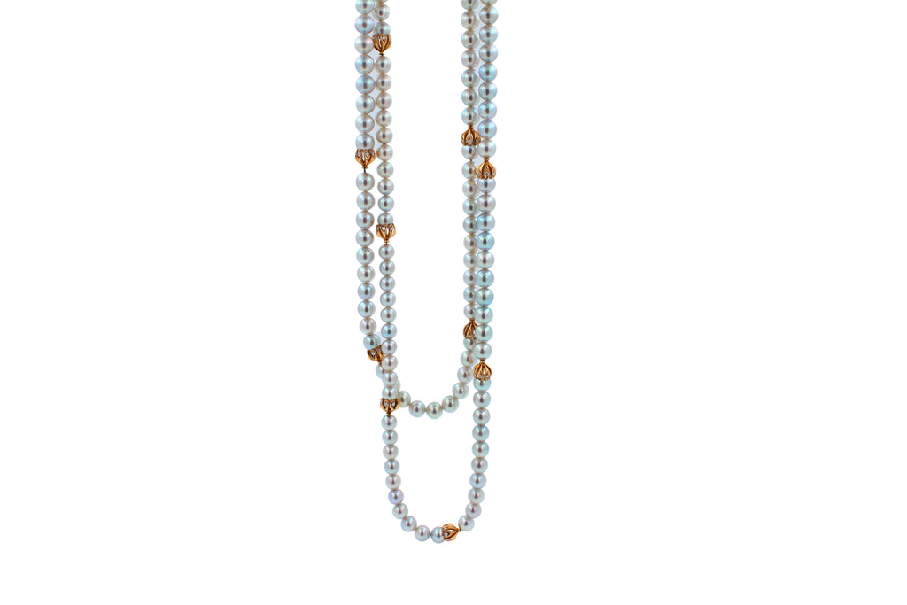 Japanese Akoya White Baby Pearl 18 Karat Rose Gold Diamond Long Bead Necklace