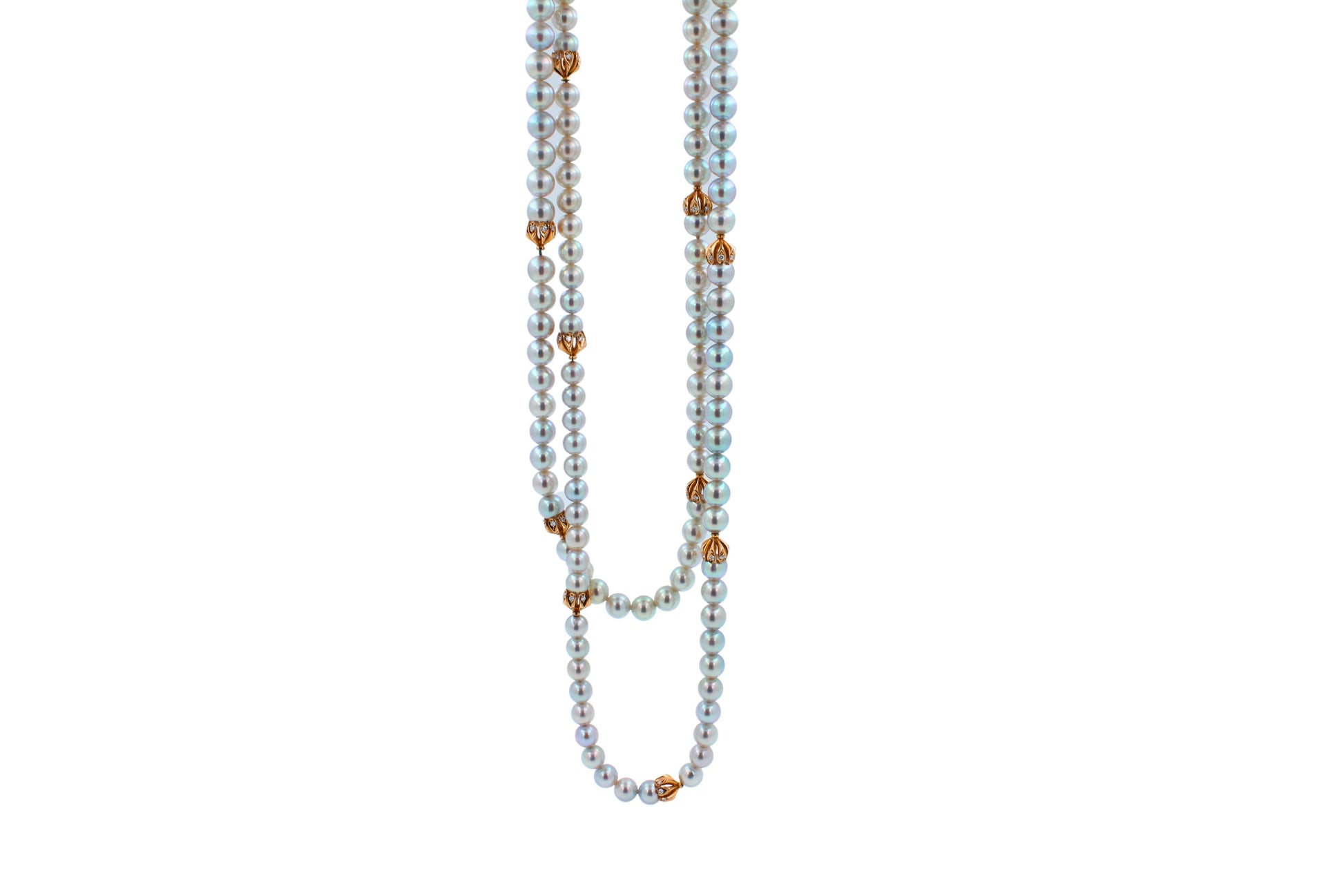 Japanese Akoya White Baby Pearl 18 Karat Rose Gold Diamond Long Bead Necklace