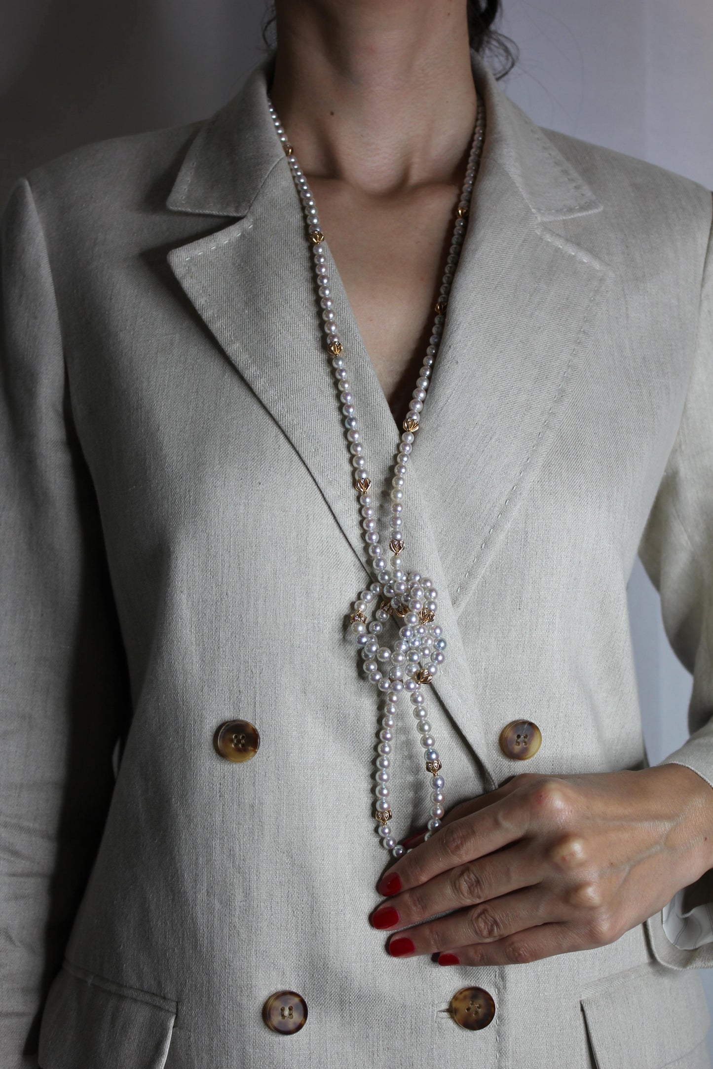 japanese akoya white baby pearl 18 karat rose gold diamond long bead necklace