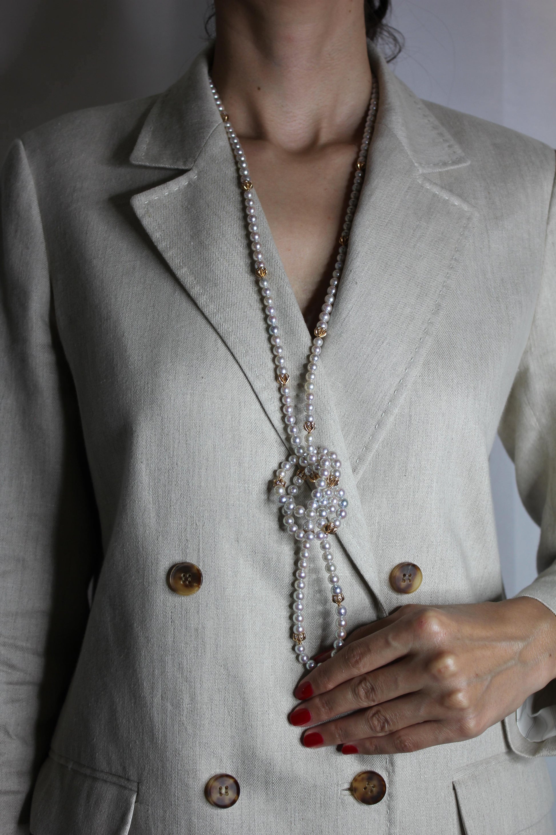 Japanese Akoya White Baby Pearl 18 Karat Rose Gold Diamond Long Bead Necklace