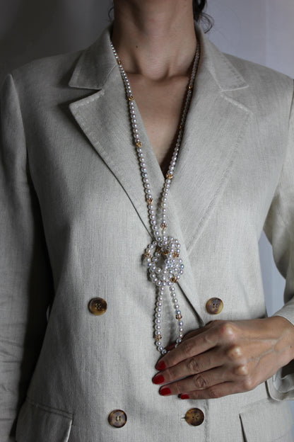 Japanese Akoya White Baby Pearl 18 Karat Rose Gold Diamond Long Bead Necklace