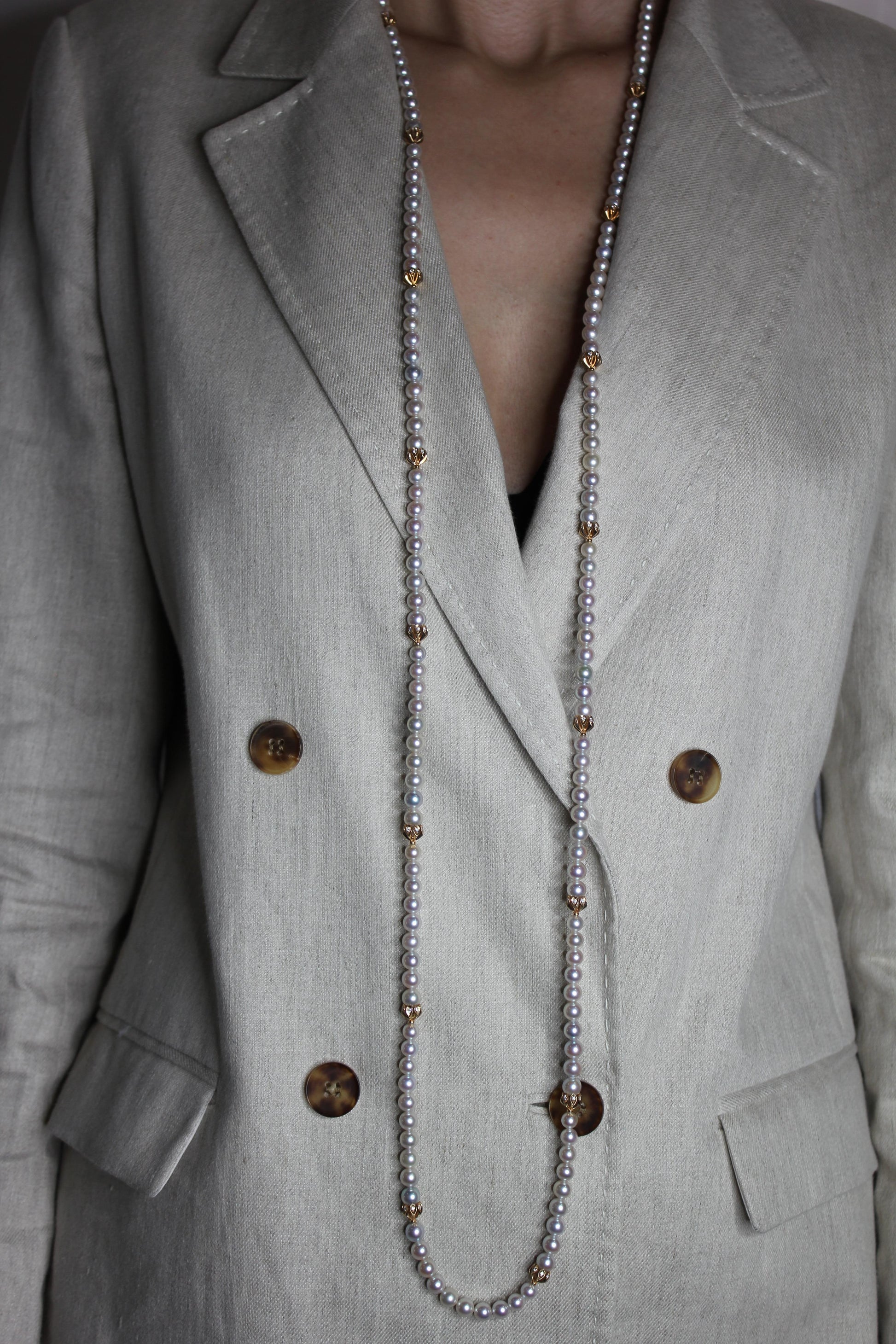 Japanese Akoya White Baby Pearl 18 Karat Rose Gold Diamond Long Bead Necklace