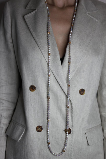 Japanese Akoya White Baby Pearl 18 Karat Rose Gold Diamond Long Bead Necklace