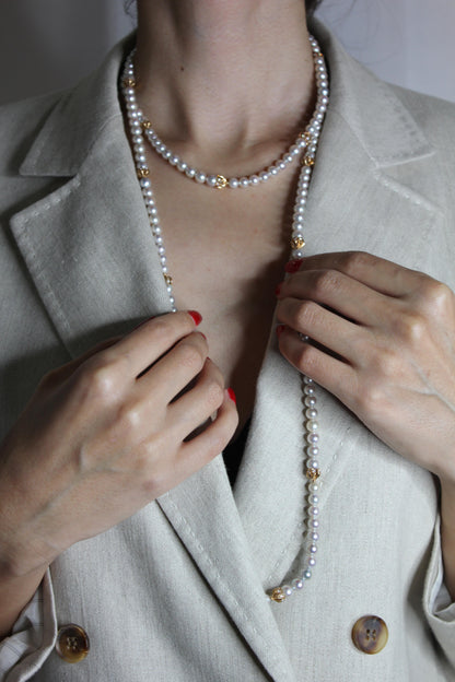 Japanese Akoya White Baby Pearl 18 Karat Rose Gold Diamond Long Bead Necklace