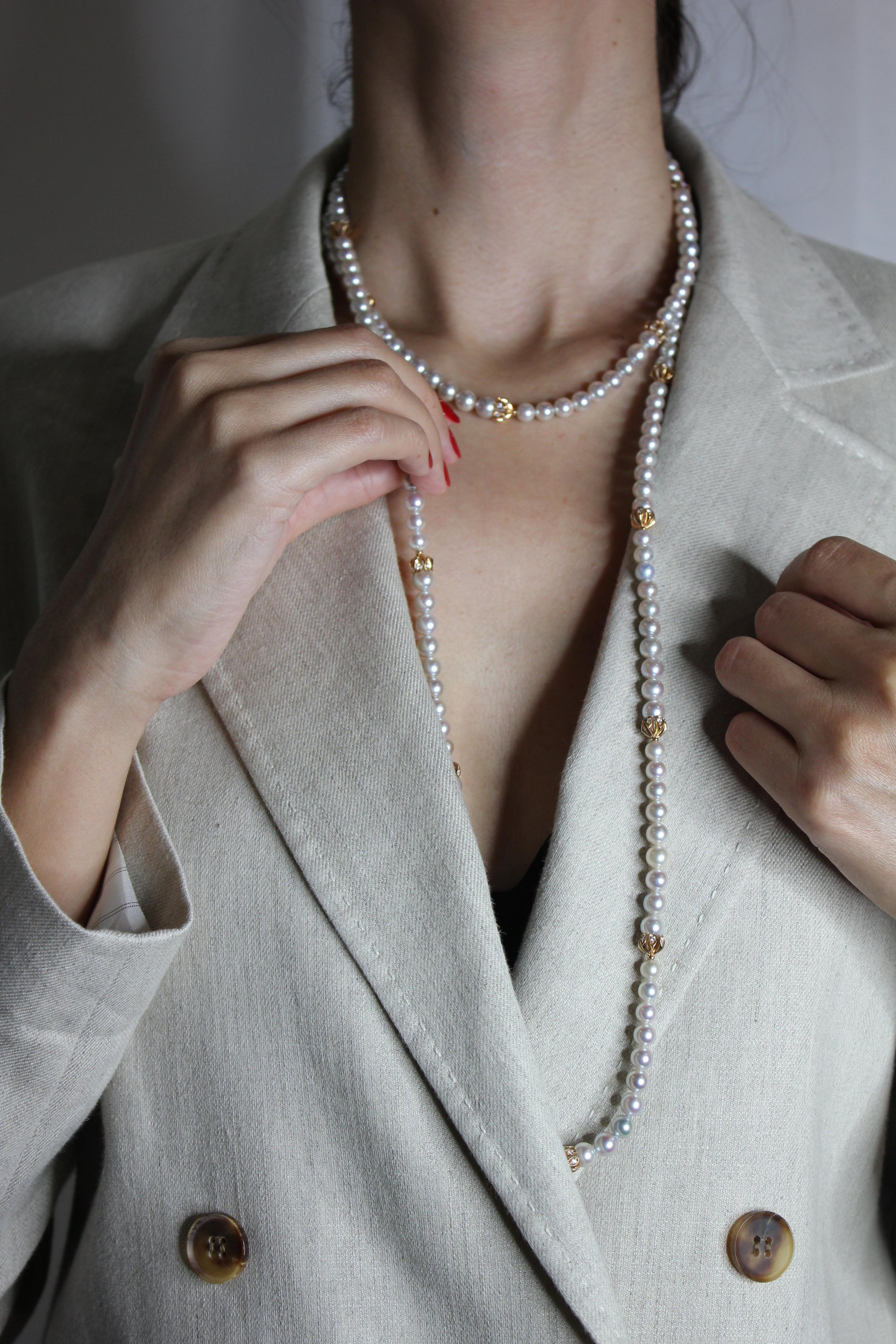 Japanese Akoya White Baby Pearl 18 Karat Rose Gold Diamond Long Bead Necklace