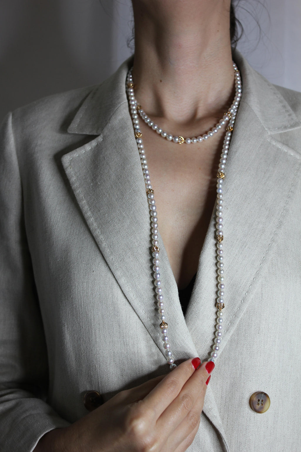 Japanese Akoya White Baby Pearl 18 Karat Rose Gold Diamond Long Bead Necklace
