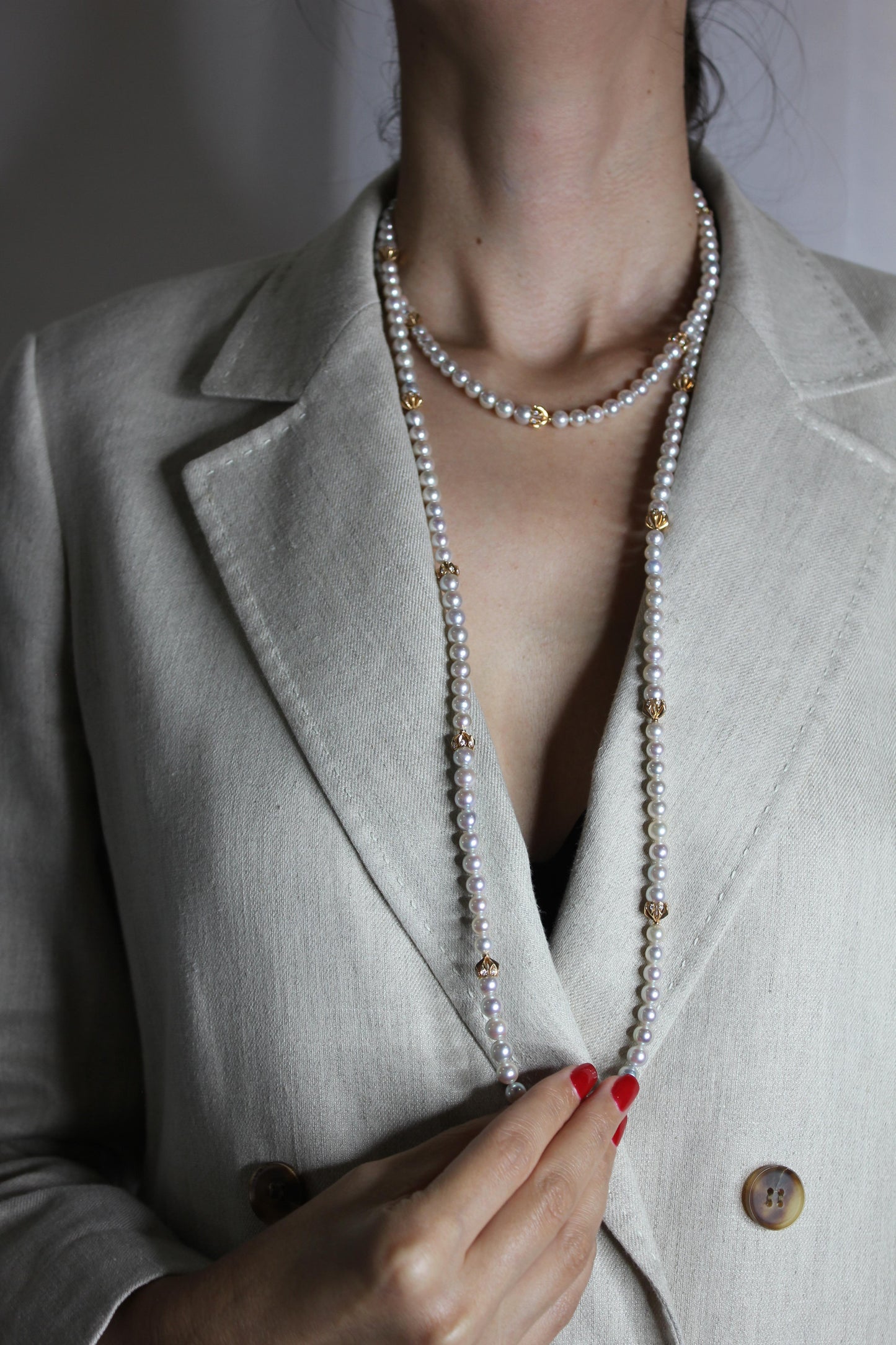 japanese akoya white baby pearl 18 karat rose gold diamond long bead necklace