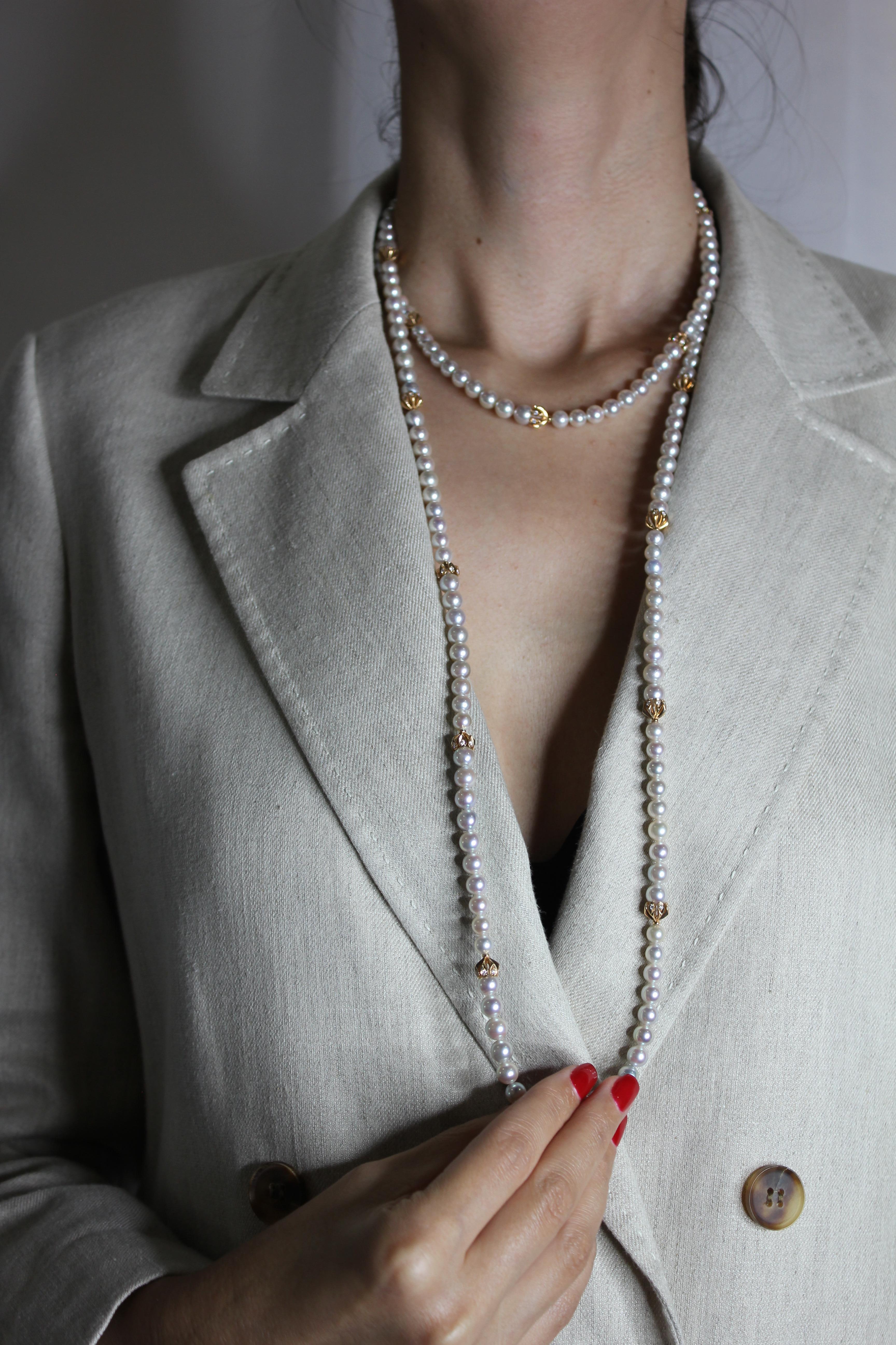 Japanese Akoya White Baby Pearl 18 Karat Rose Gold Diamond Long Bead Necklace
