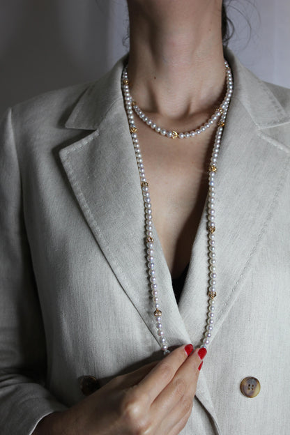 Japanese Akoya White Baby Pearl 18 Karat Rose Gold Diamond Long Bead Necklace