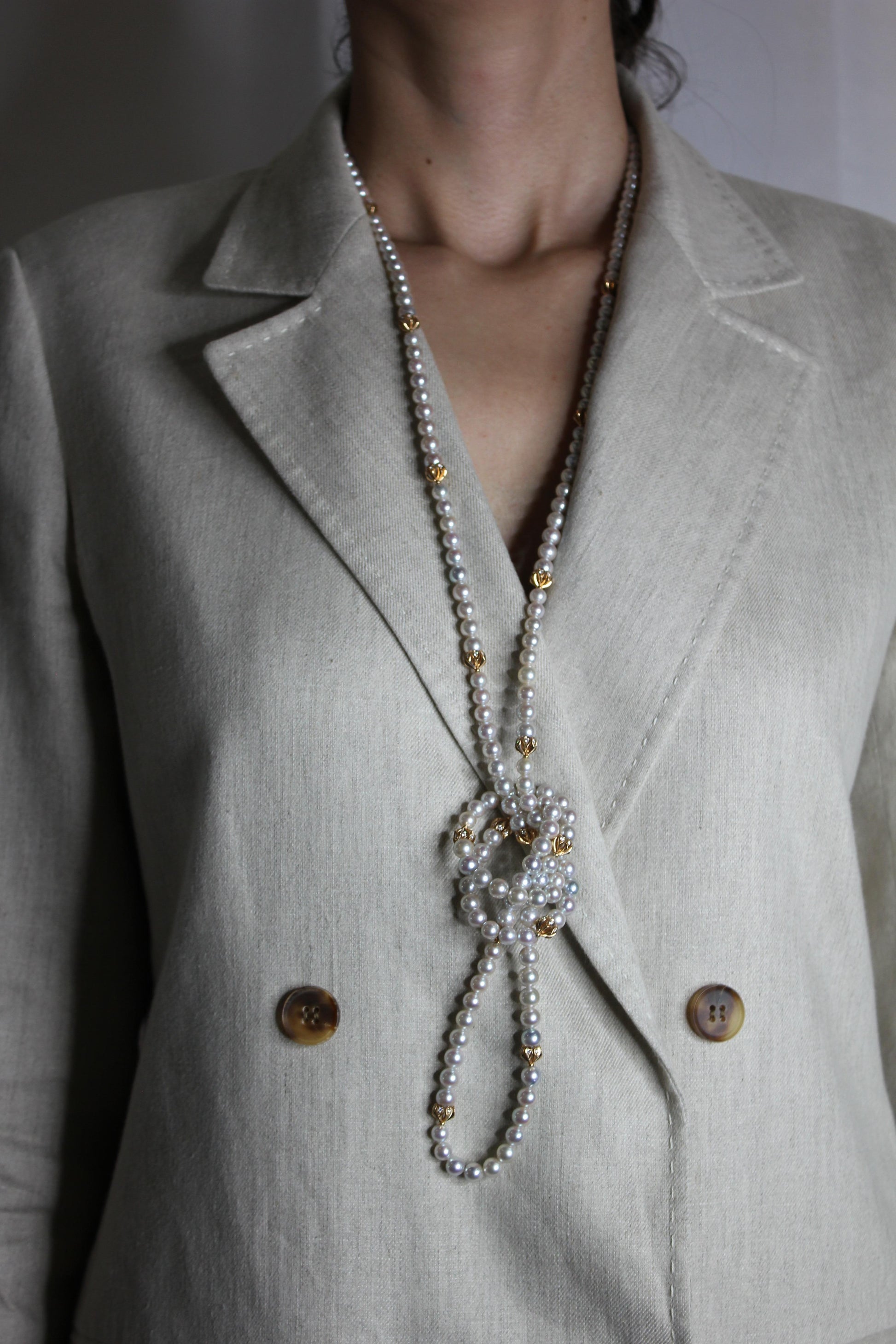 Japanese Akoya White Baby Pearl 18 Karat Rose Gold Diamond Long Bead Necklace