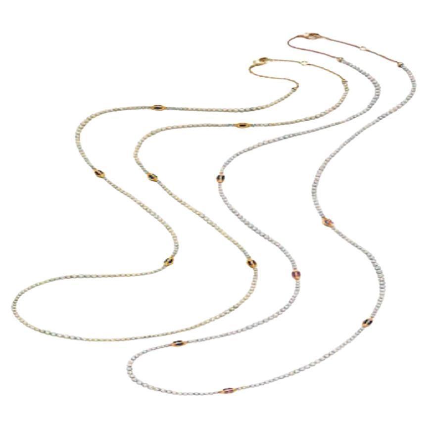 Japanese Akoya White Pearl Long 18 Karat Yellow Gold Pink Sapphire Bead Necklace