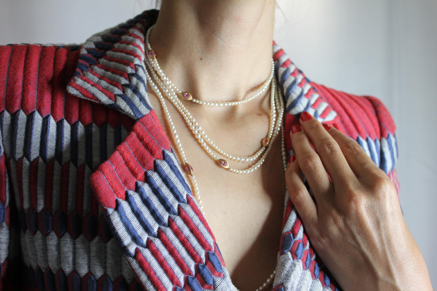 japanese akoya white pearl long 18 karat yellow gold pink sapphire bead necklace