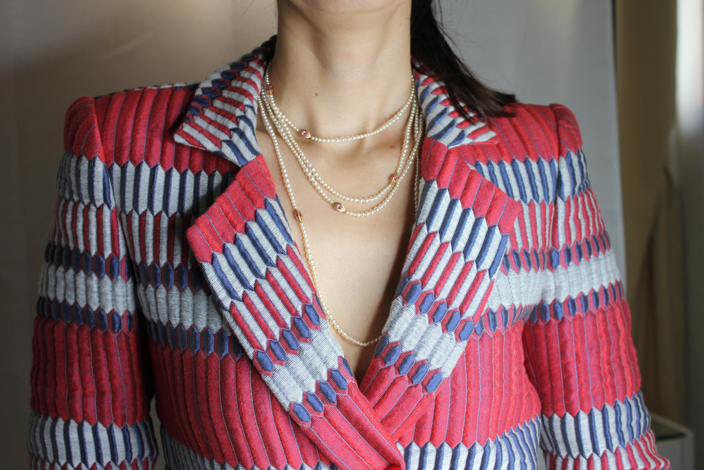 Japanese Akoya White Pearl Long 18 Karat Yellow Gold Pink Sapphire Bead Necklace