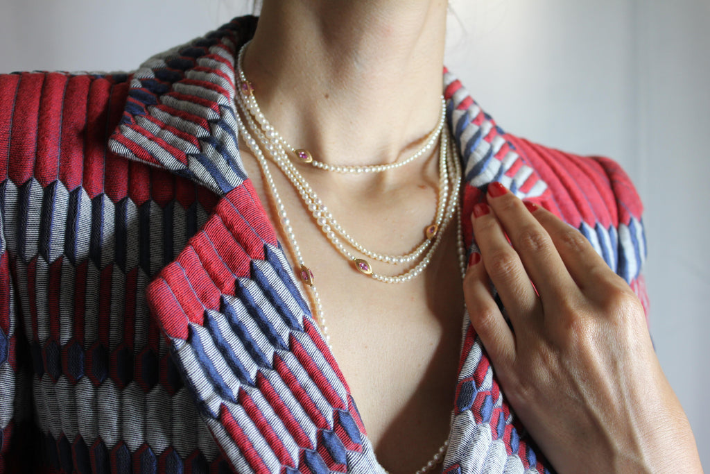 Japanese Akoya White Pearl Long 18 Karat Yellow Gold Pink Sapphire Bead Necklace