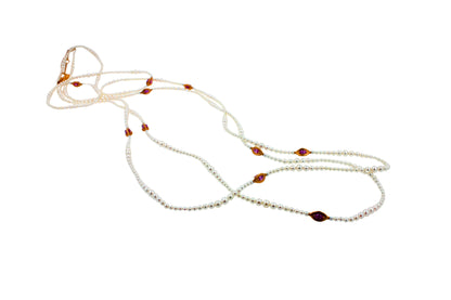 Japanese Akoya White Pearl Long 18 Karat Yellow Gold Pink Sapphire Bead Necklace
