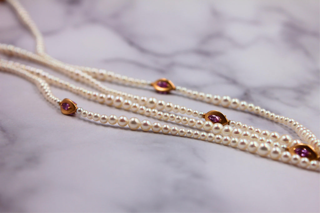 Japanese Akoya White Pearl Long 18 Karat Yellow Gold Pink Sapphire Bead Necklace