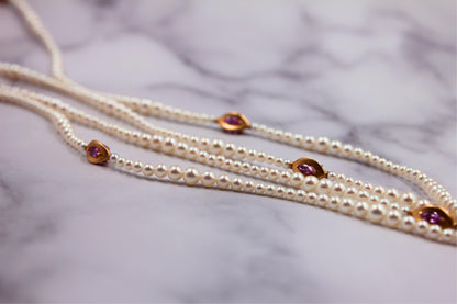 Japanese Akoya White Pearl Long 18 Karat Yellow Gold Pink Sapphire Bead Necklace