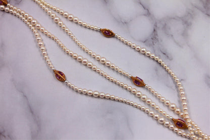 Japanese Akoya White Pearl Long 18 Karat Yellow Gold Pink Sapphire Bead Necklace