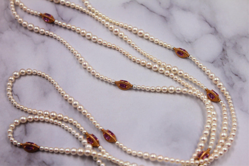 Japanese Akoya White Pearl Long 18 Karat Yellow Gold Pink Sapphire Bead Necklace