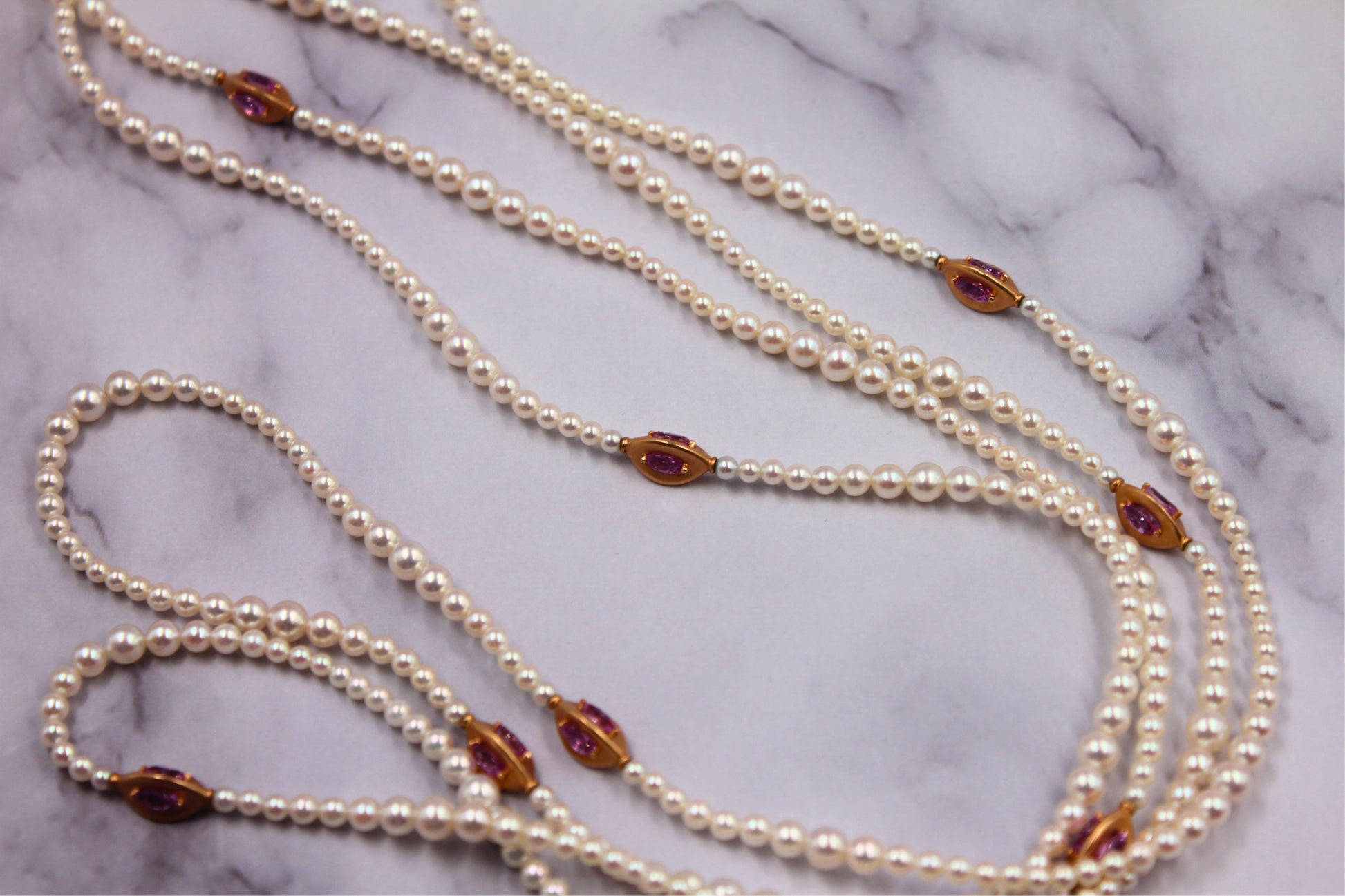 Japanese Akoya White Pearl Long 18 Karat Yellow Gold Pink Sapphire Bead Necklace