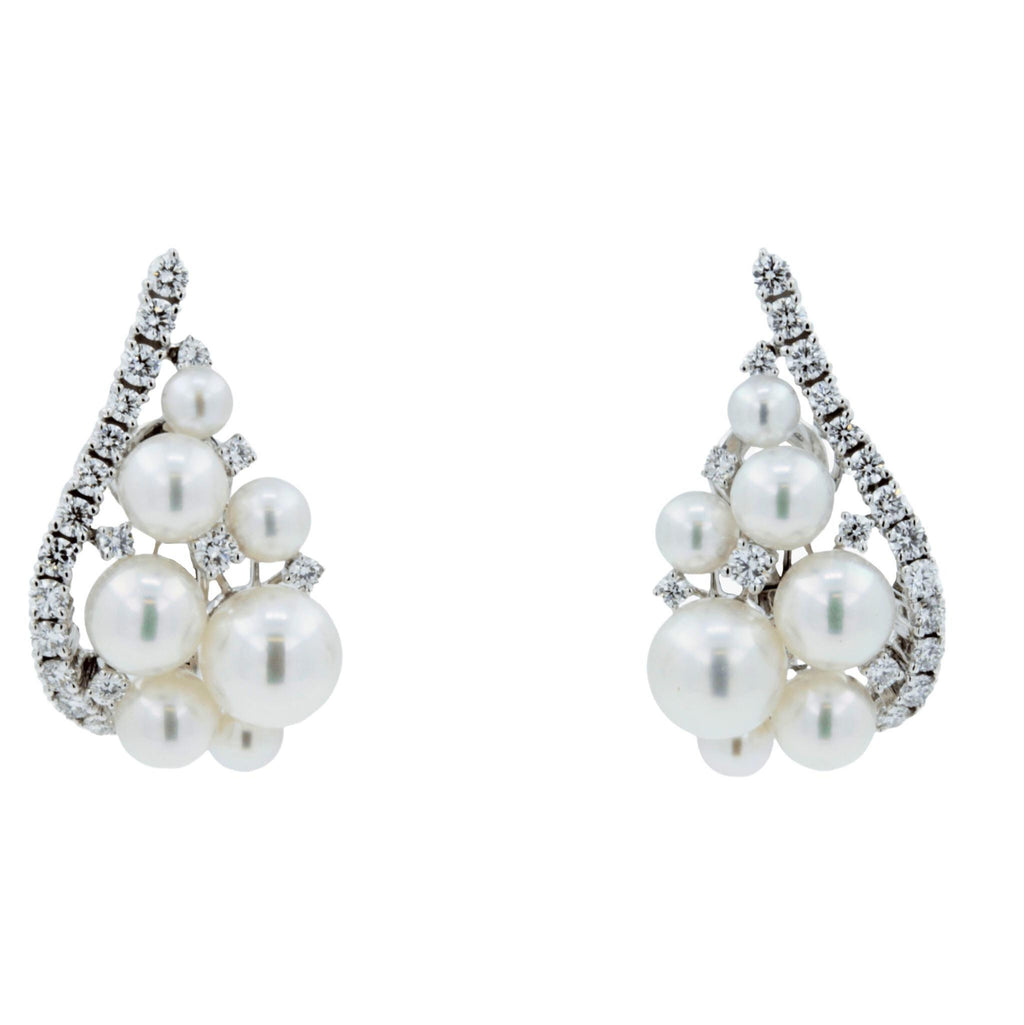 Japanese White Akoya Pearl 18K White Gold Luxury Grapes Crown Diamond Earrings