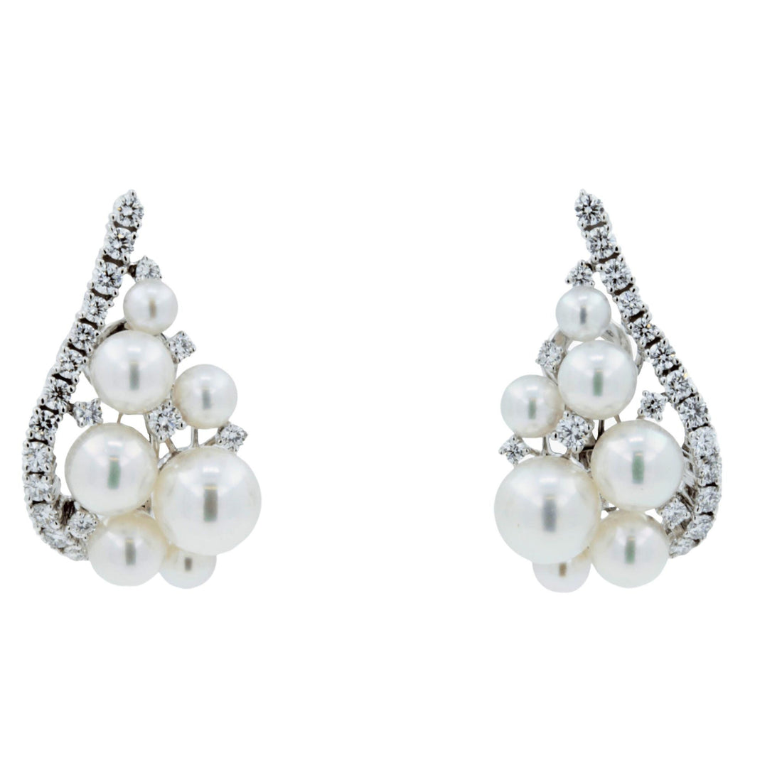 Japanese White Akoya Pearl 18K White Gold Luxury Grapes Crown Diamond Earrings